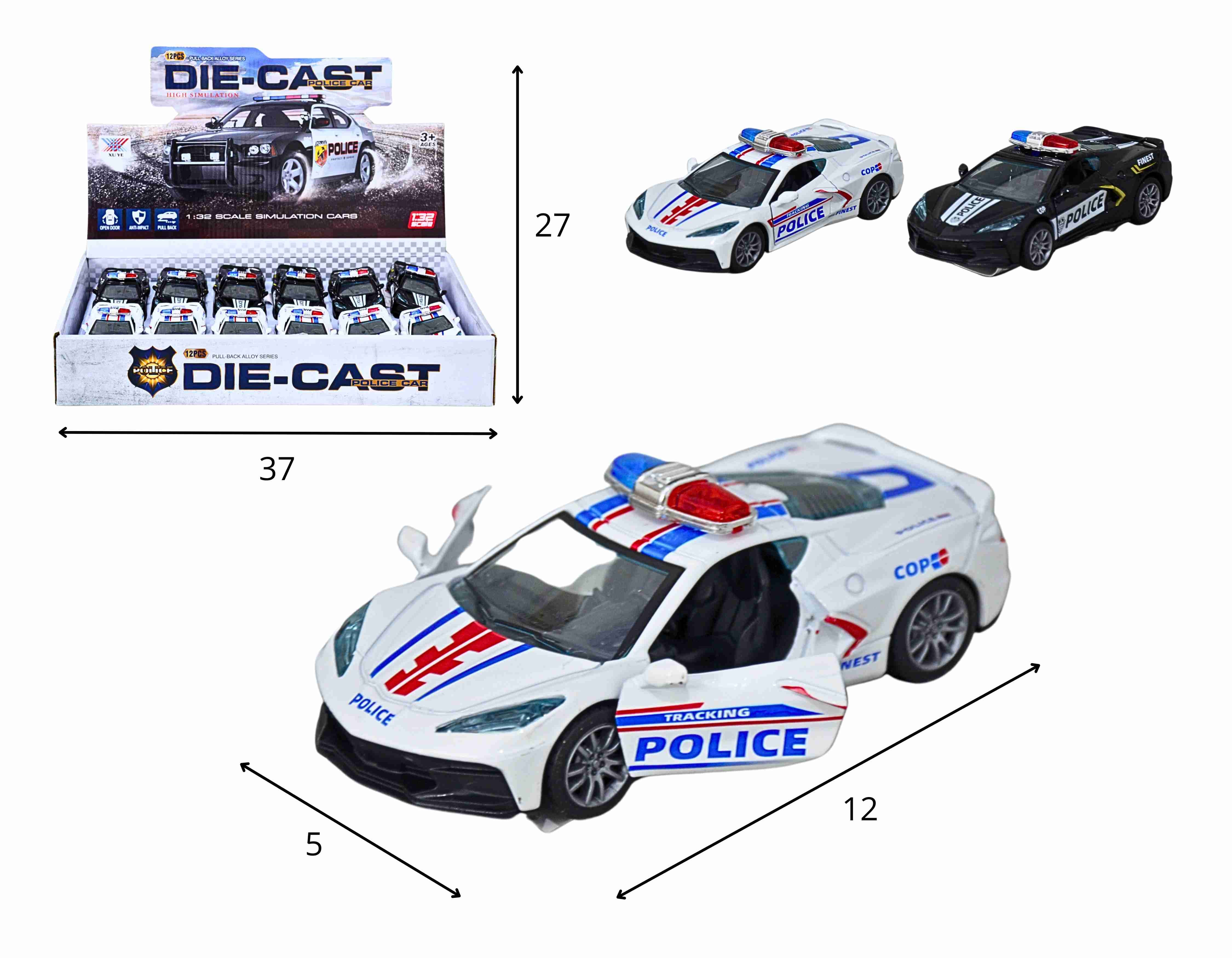 C - KIT COLEÇÃO CARROS DE POLÍCIA DE METAL Á FRICÇÃO COM MODELOS VARIADOS NO DISPLAY C/ 12 PÇS