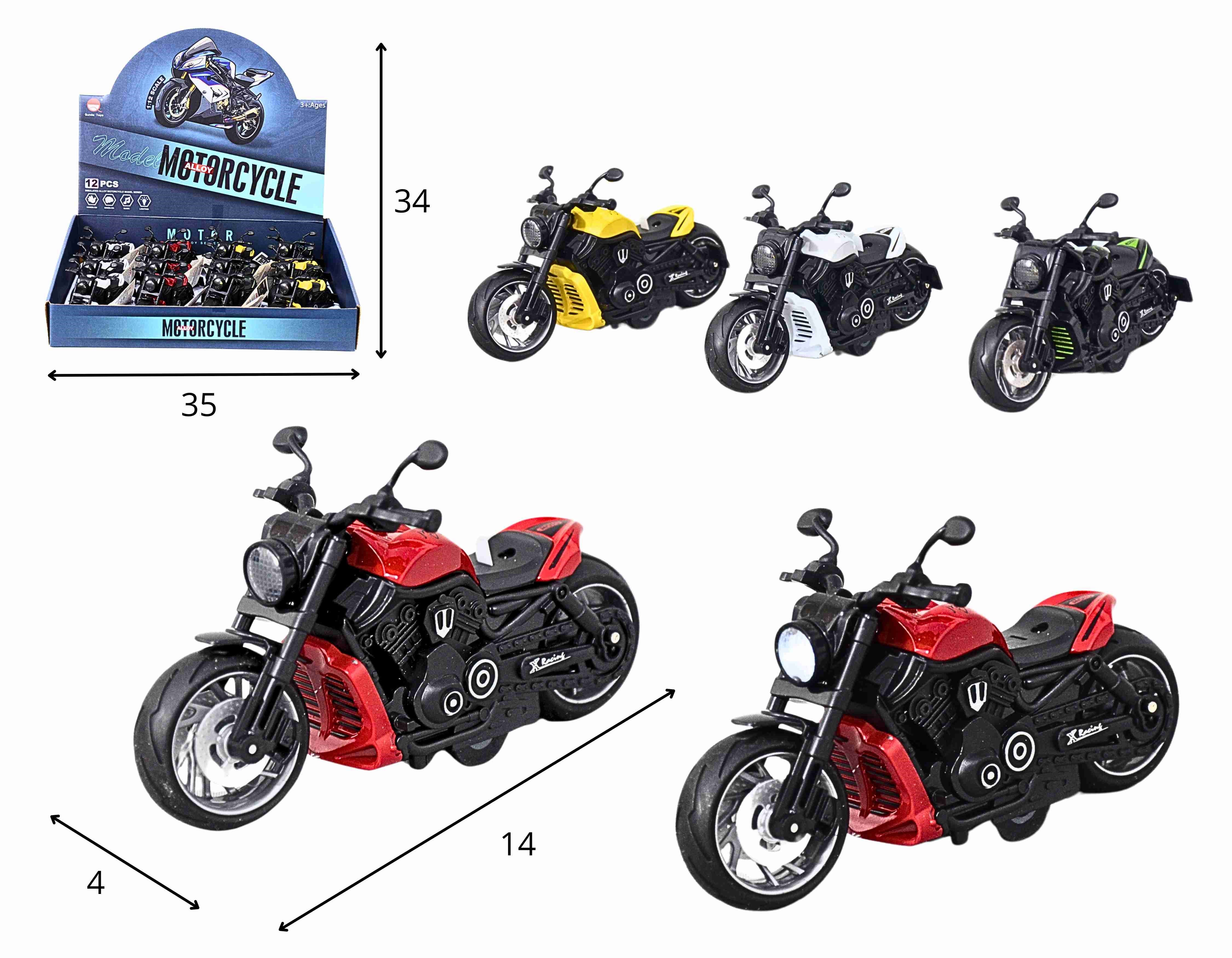 C - KIT COLEÇÃO MOTO CUSTOM DE METAL COM SOM E LUZ A FRICCAO NO DISPLAY C/ 12 PCS E CORES VARIADAS