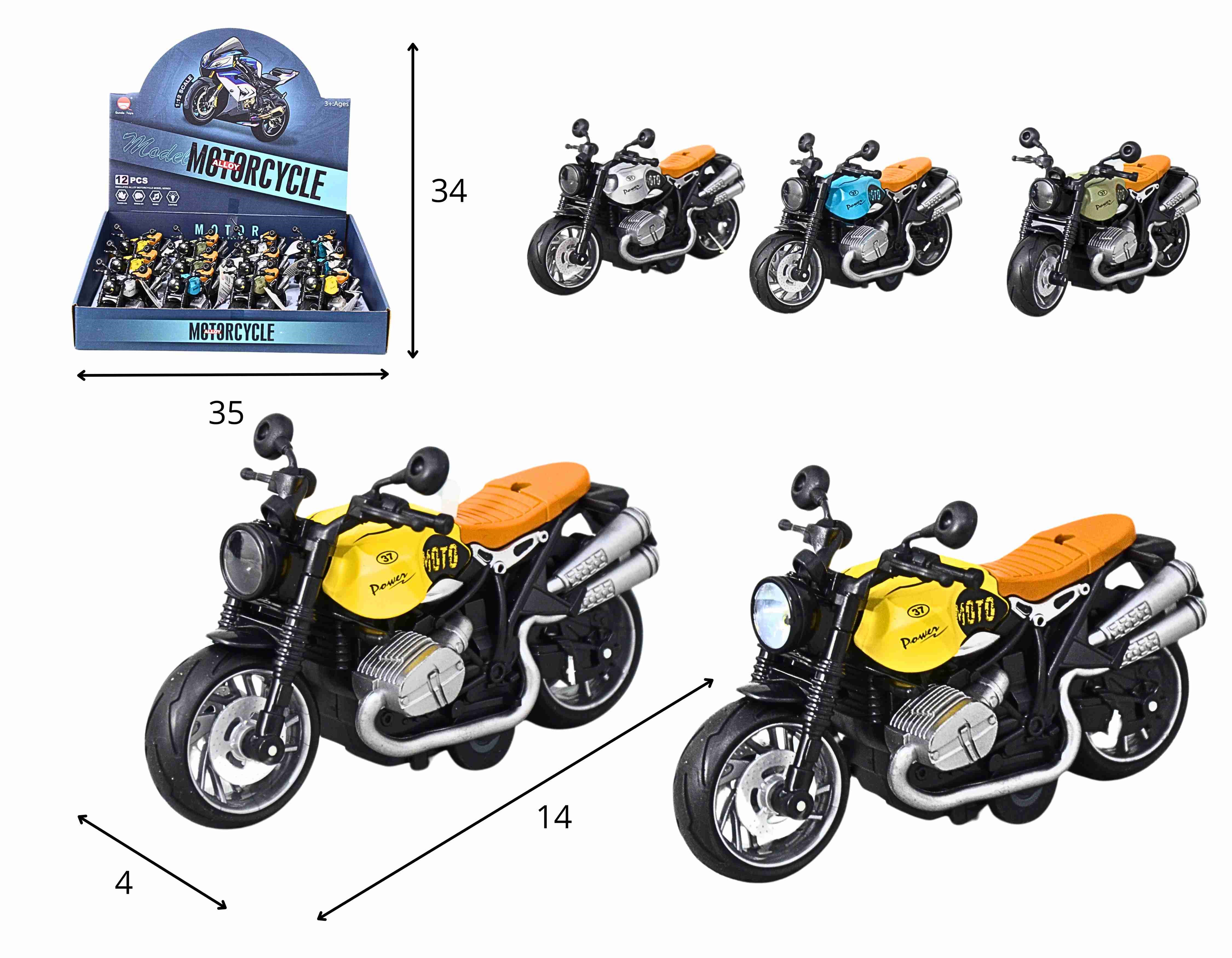C - KIT COLEÇÃO MOTO NAKED RETRO DE METAL COM SOM E LUZ A FRICCAO NO DISPLAY C/ 12 PCS E CORES VARIADAS
