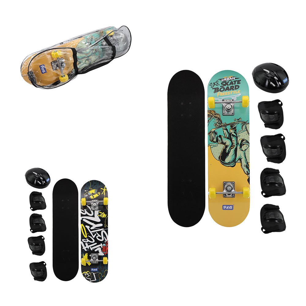 A - SKATE SEMI PROFISSIONAL 79X20CM COM ESTAMPAS VARIADAS, RODAS EM PVC E KIT DE SEGURANÇA