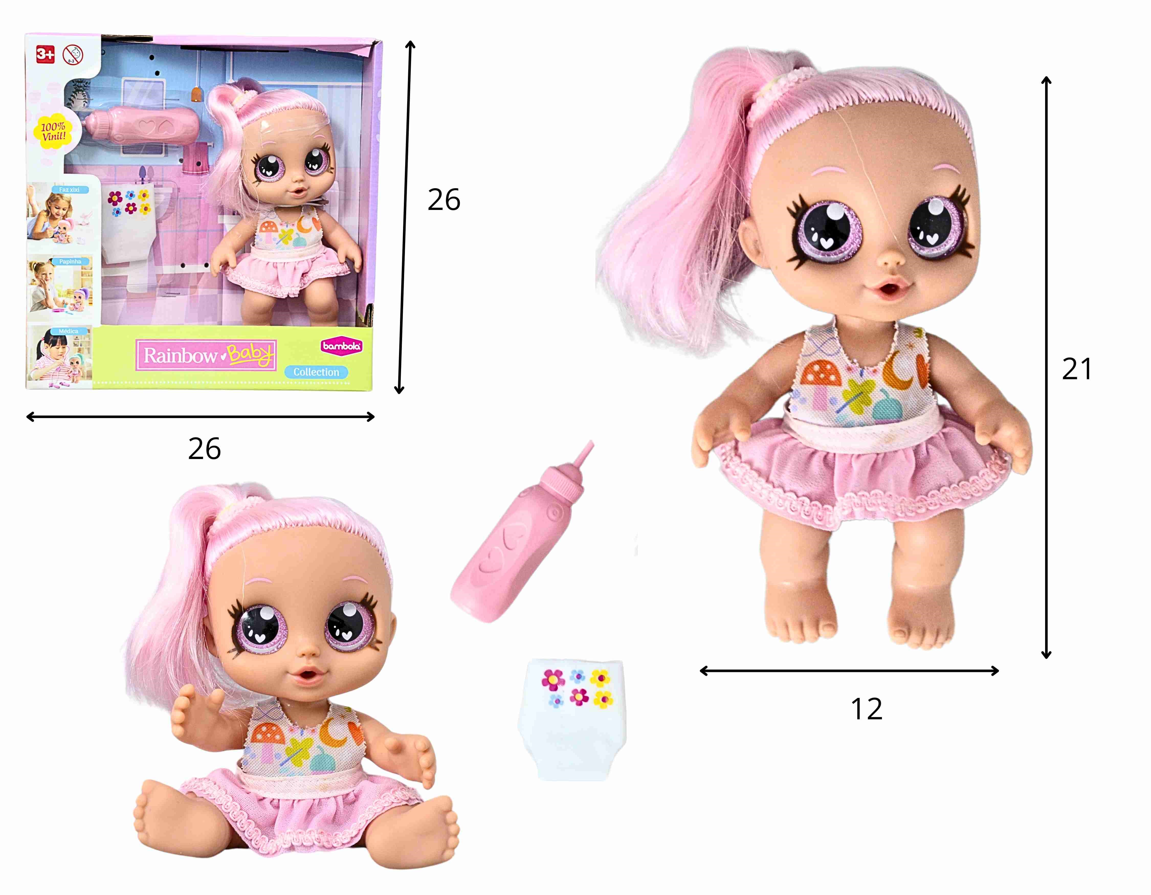 C - BONECA RAINBOW BABY FAZ XIXI COM ACESSORIOS 100% VINIL