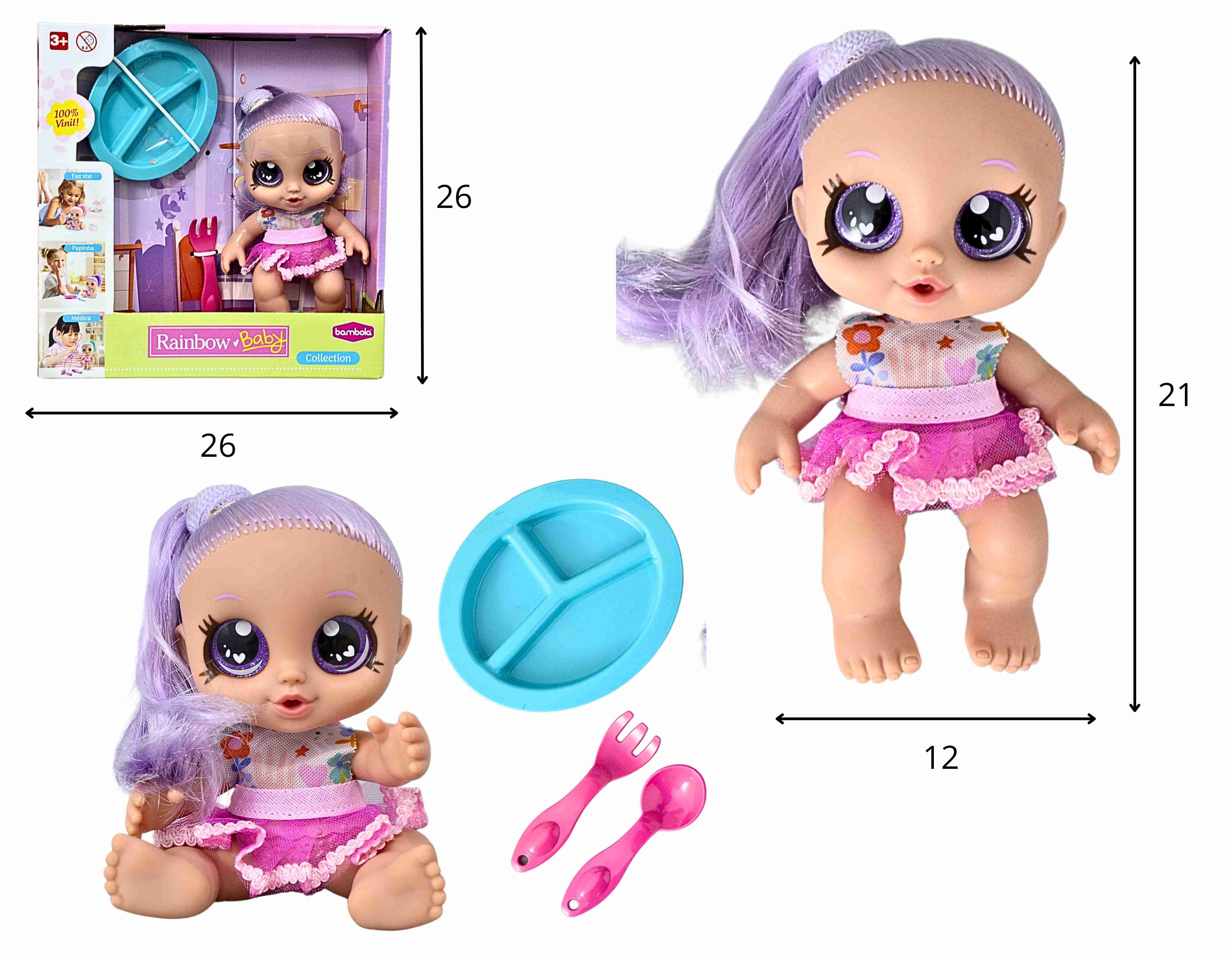 C - BONECA RAINBOW BABY PAPINHA COM ACESSORIOS 100% VINIL