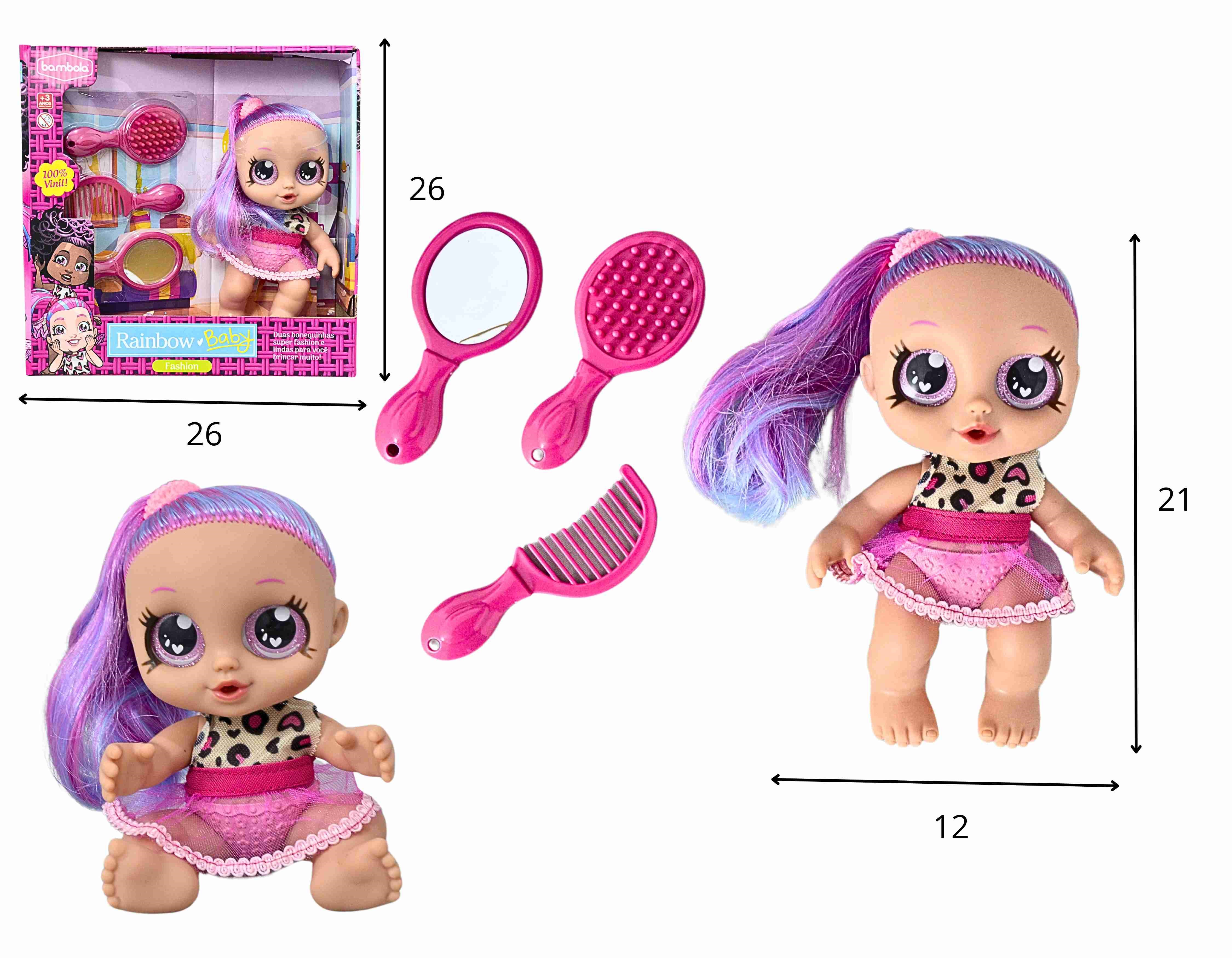 C - BONECA RAINBOW BABY FASHION COM ACESSORIOS DE BELEZA 100% VINIL