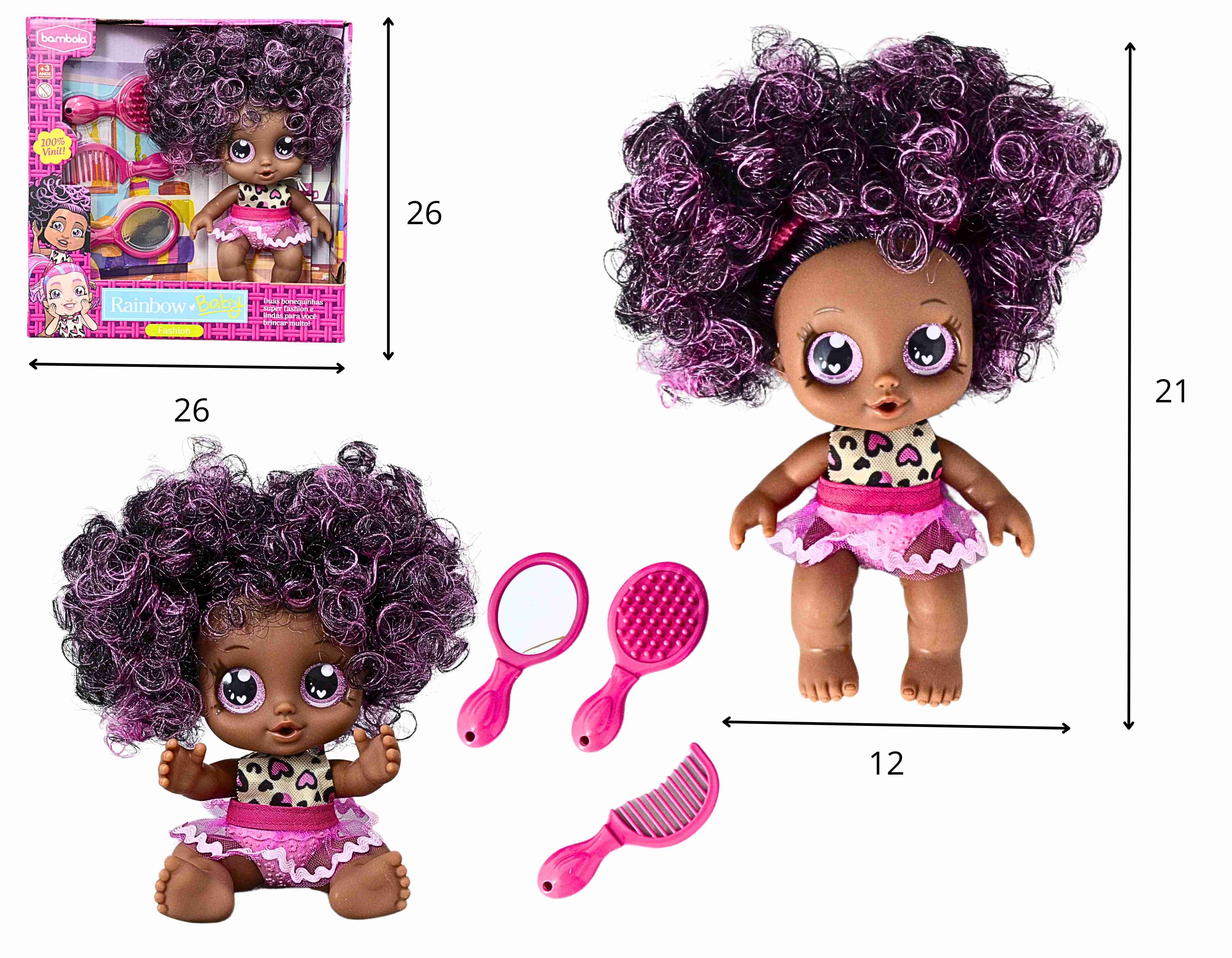 C - BONECA RAINBOW BABY FASHION NEGRA COM ACESSORIOS DE BELEZA 100% VINIL