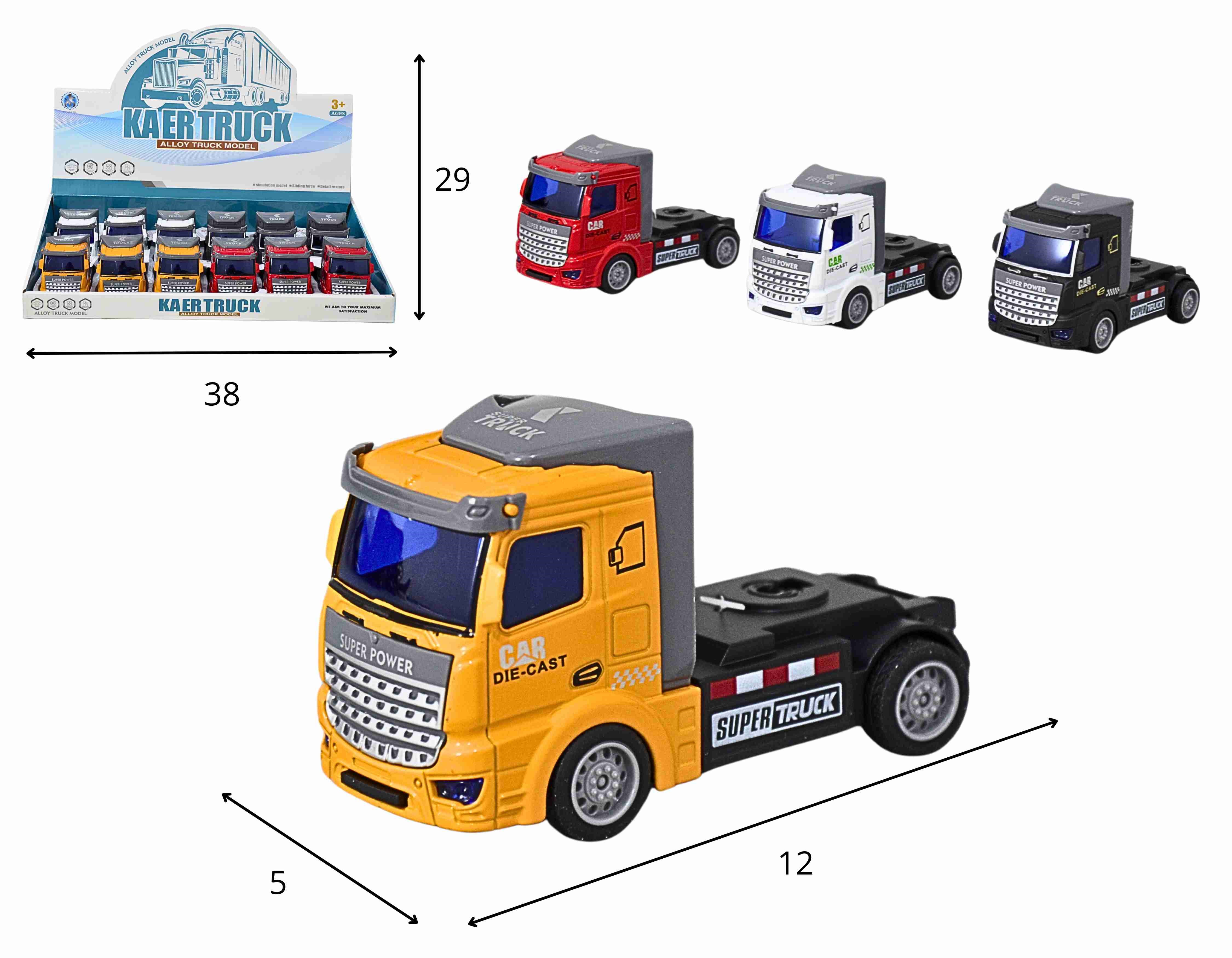 C - KIT COLEÇÃO CAMINHAO COM CABINE DE METAL, FRICÇAO E CORES VARIADAS NO DISPLAY C/ 12 PCS