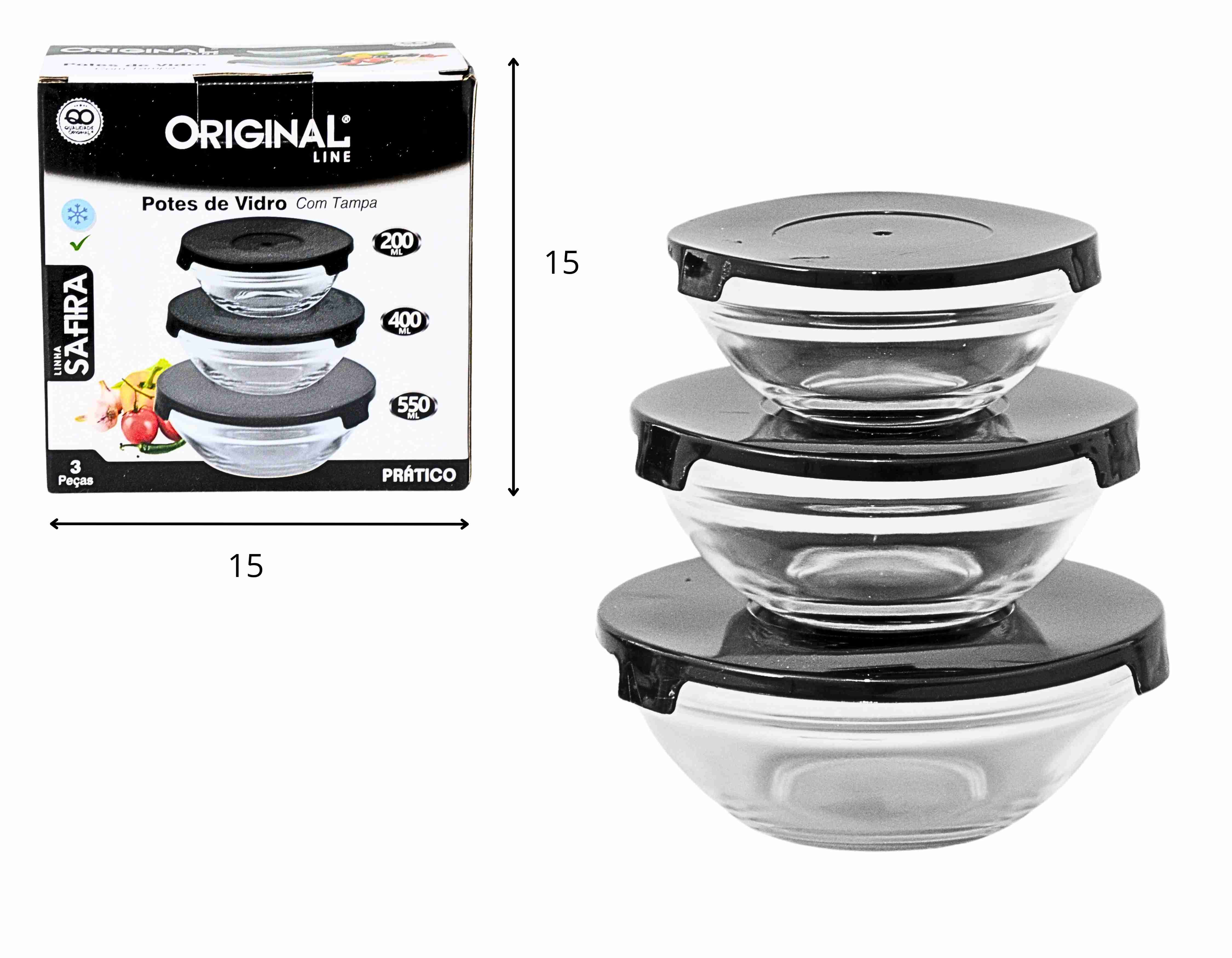 Z - KIT POTES DE VIDRO COM TAMPA PRETA E 3 PEÇAS