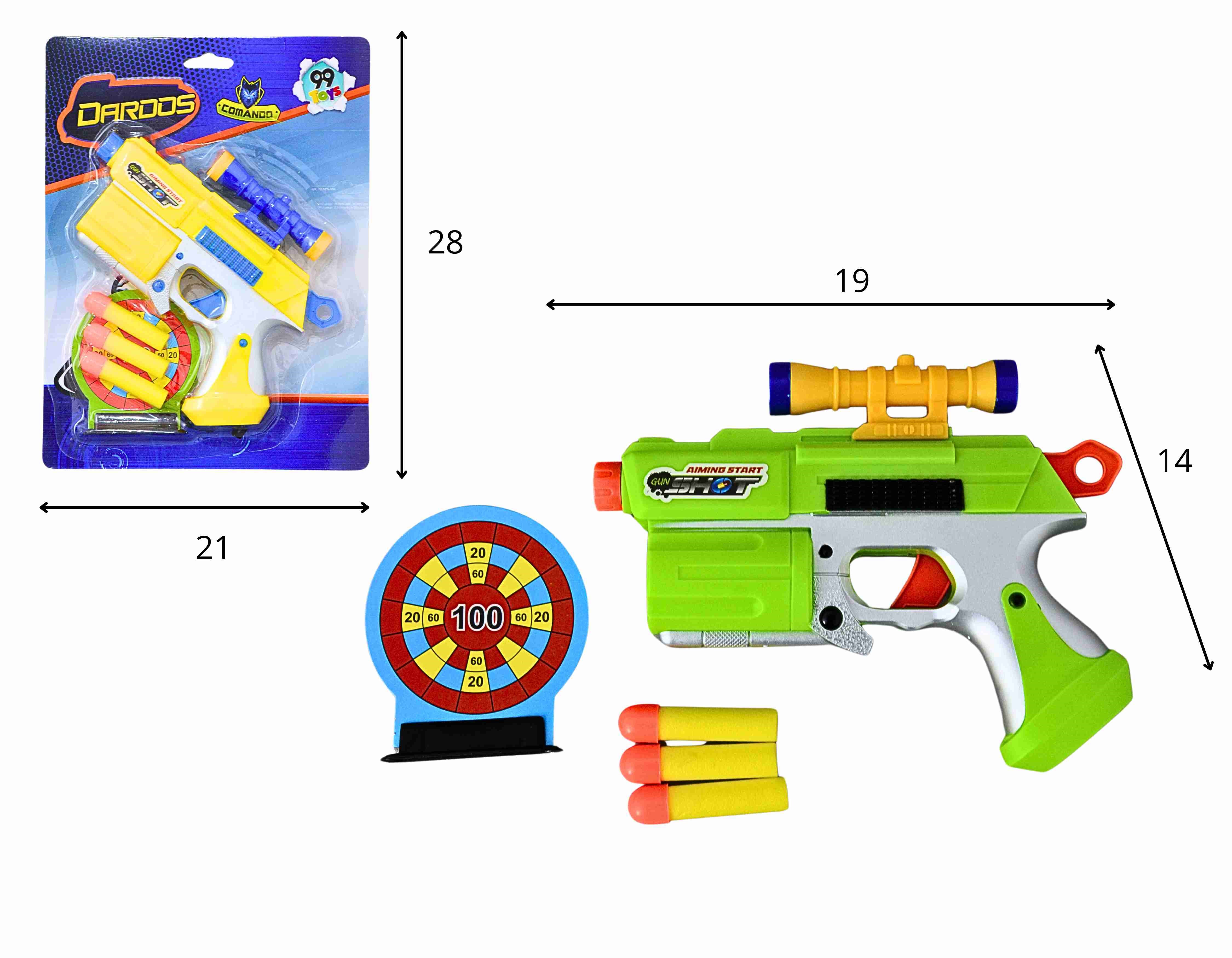 E - PISTOLA LANÇA DARDOS COM 3 DARDOS E ALVO COM CORES VARIADAS