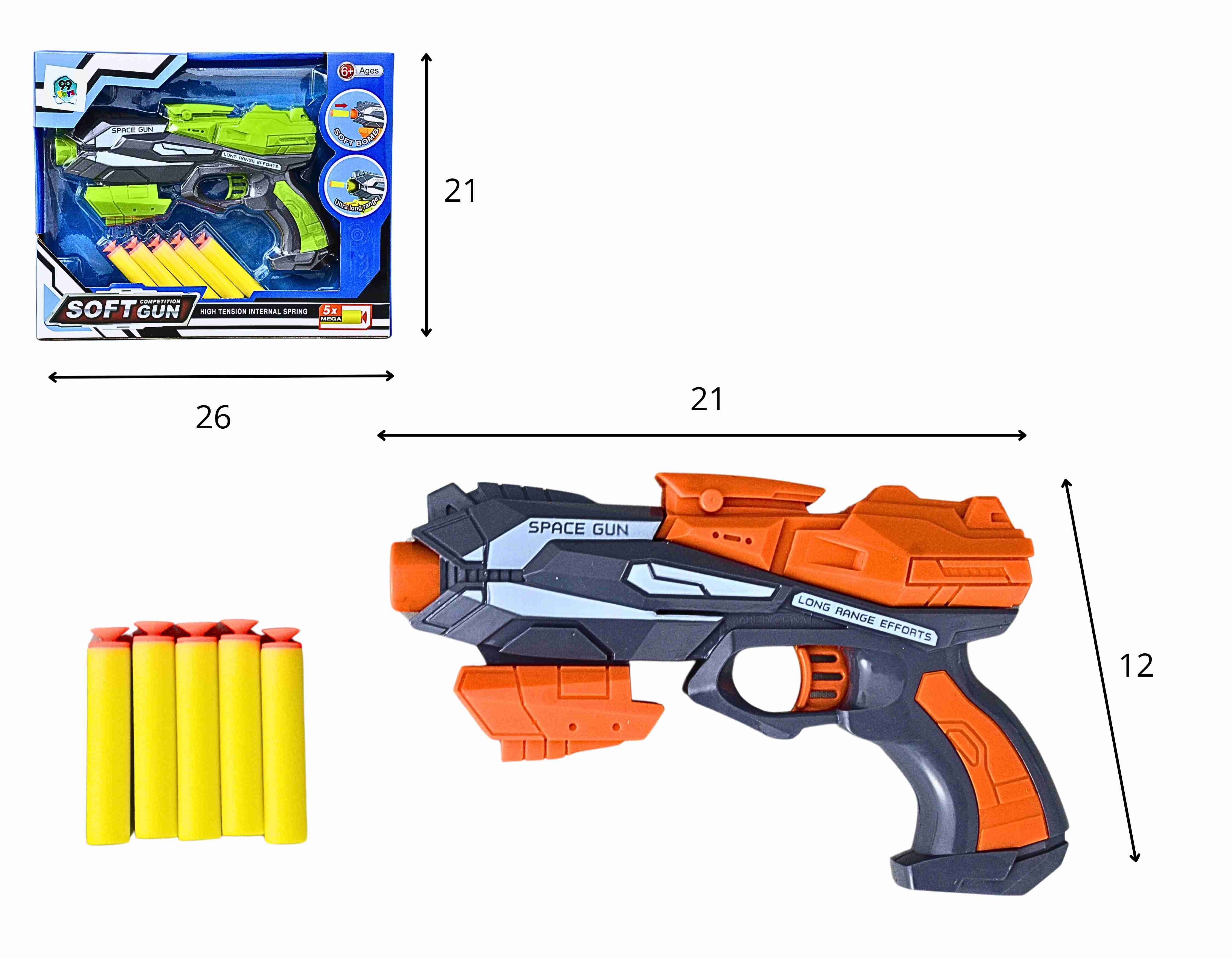 E - PISTOLA LANÇA DARDOS COM 5 DARDOS NA CAIXA COM CORES VARIADAS