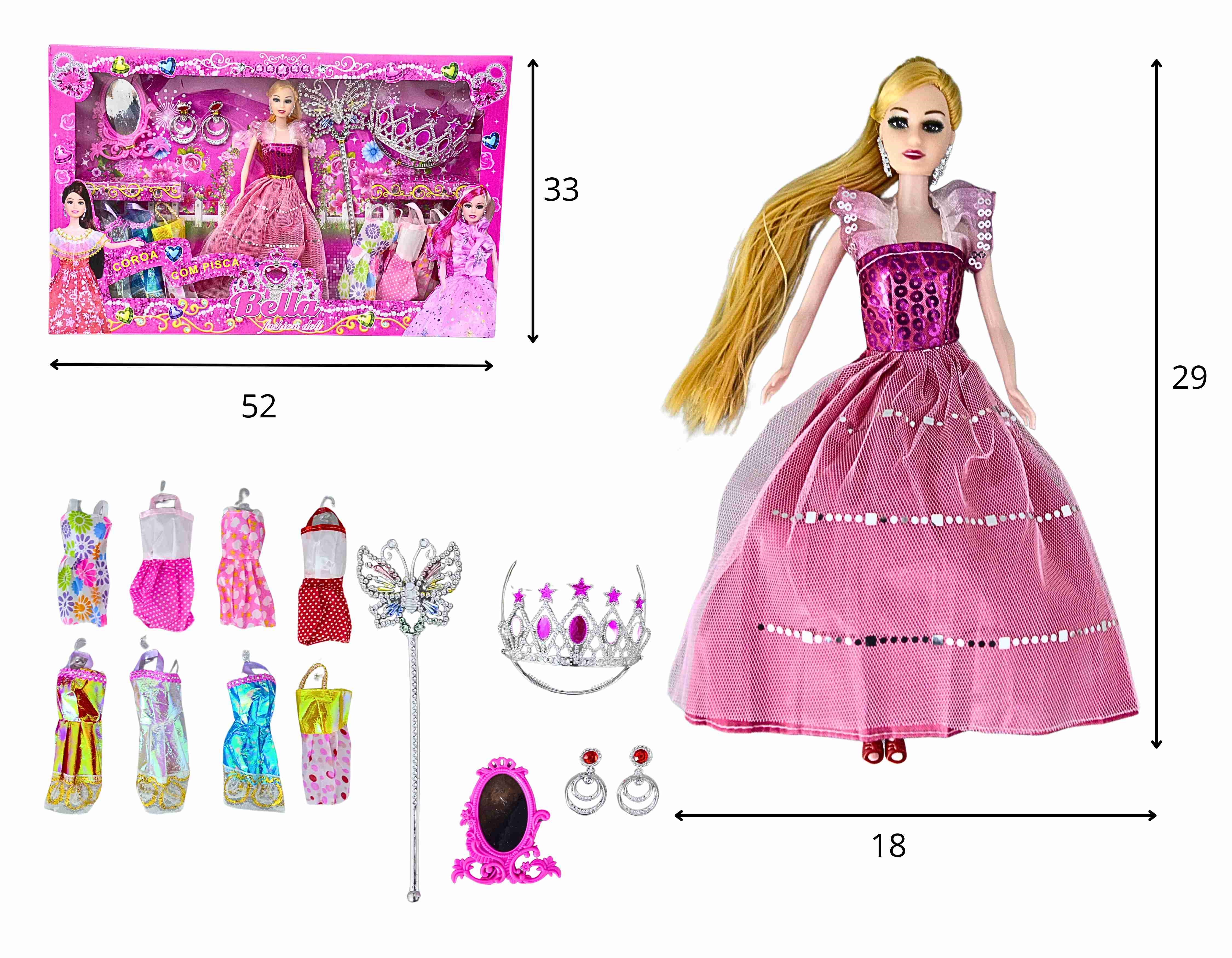 C - BONECA BELLA COM COLEÇÃO DE VESTIDOS, COROA VARINHA E ACESSÓRIOS