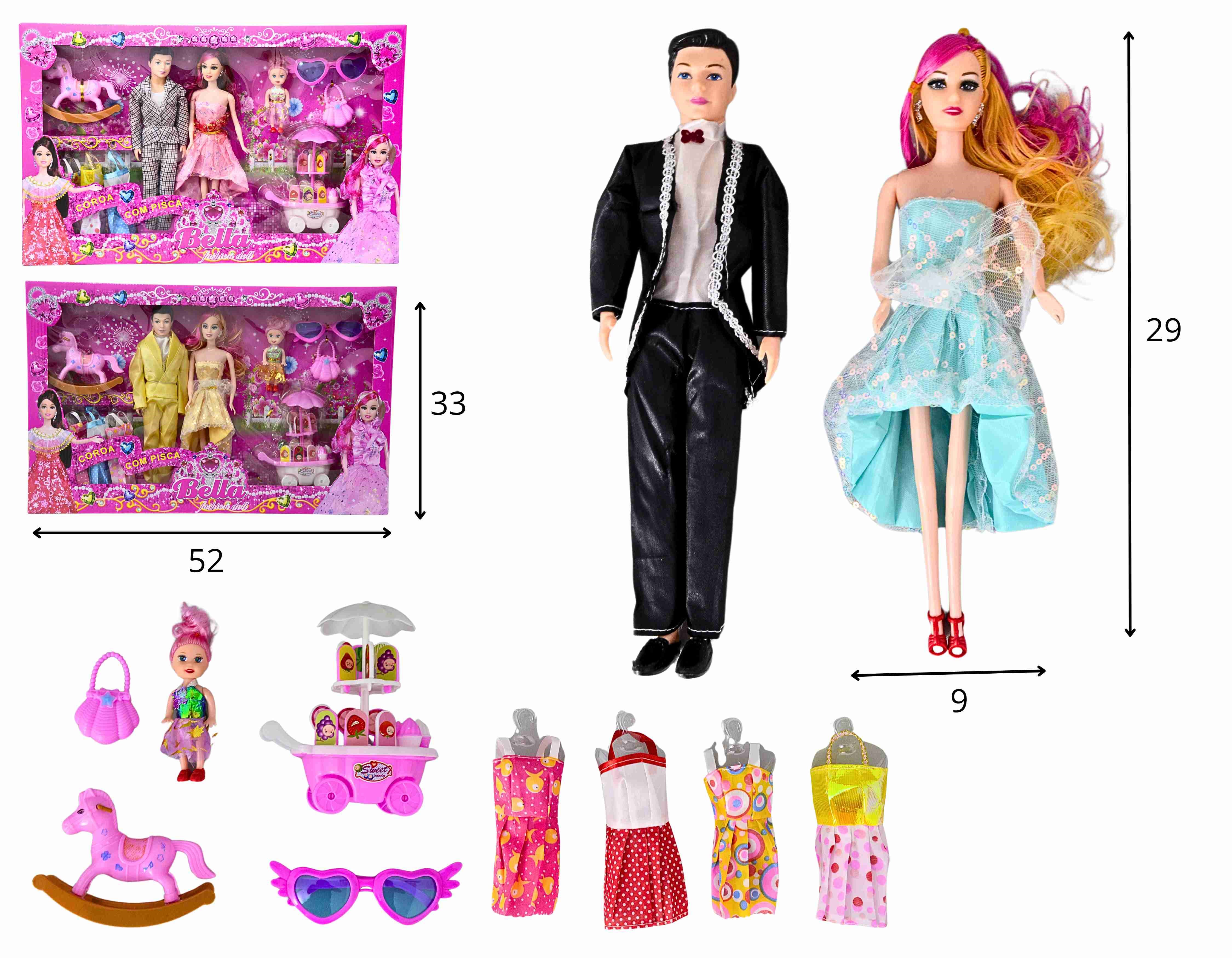 C - BONECA BELLA COM MARIDO E FILHA, COLEÇÃO DE VESTIDOS E ACESSÓRIOS