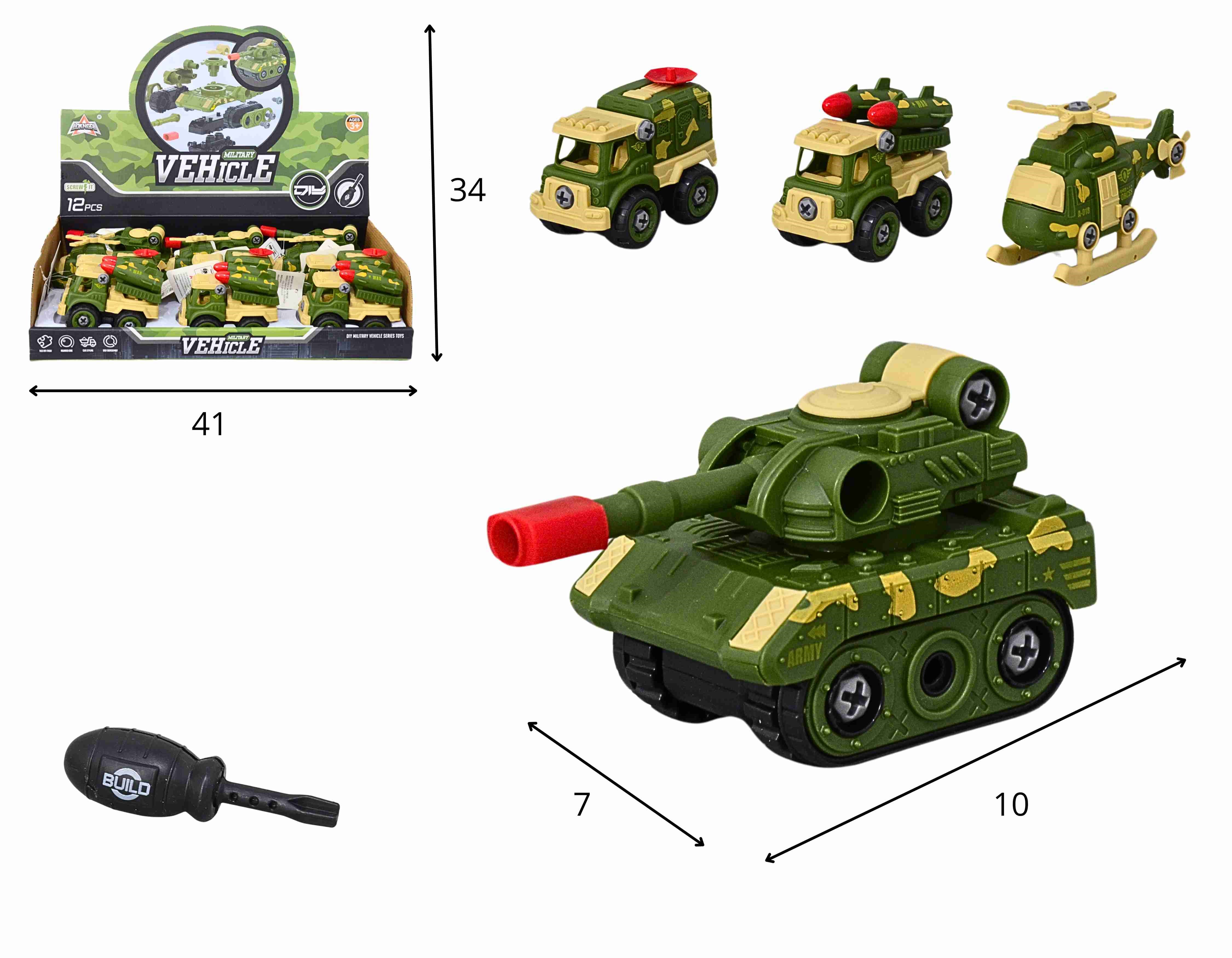C - KIT COLECAO CAMINHAO, TANQUE, HELICOPTERO MILITAR MONTA DESMONTA NO DISPLAY C/ 12 PCS