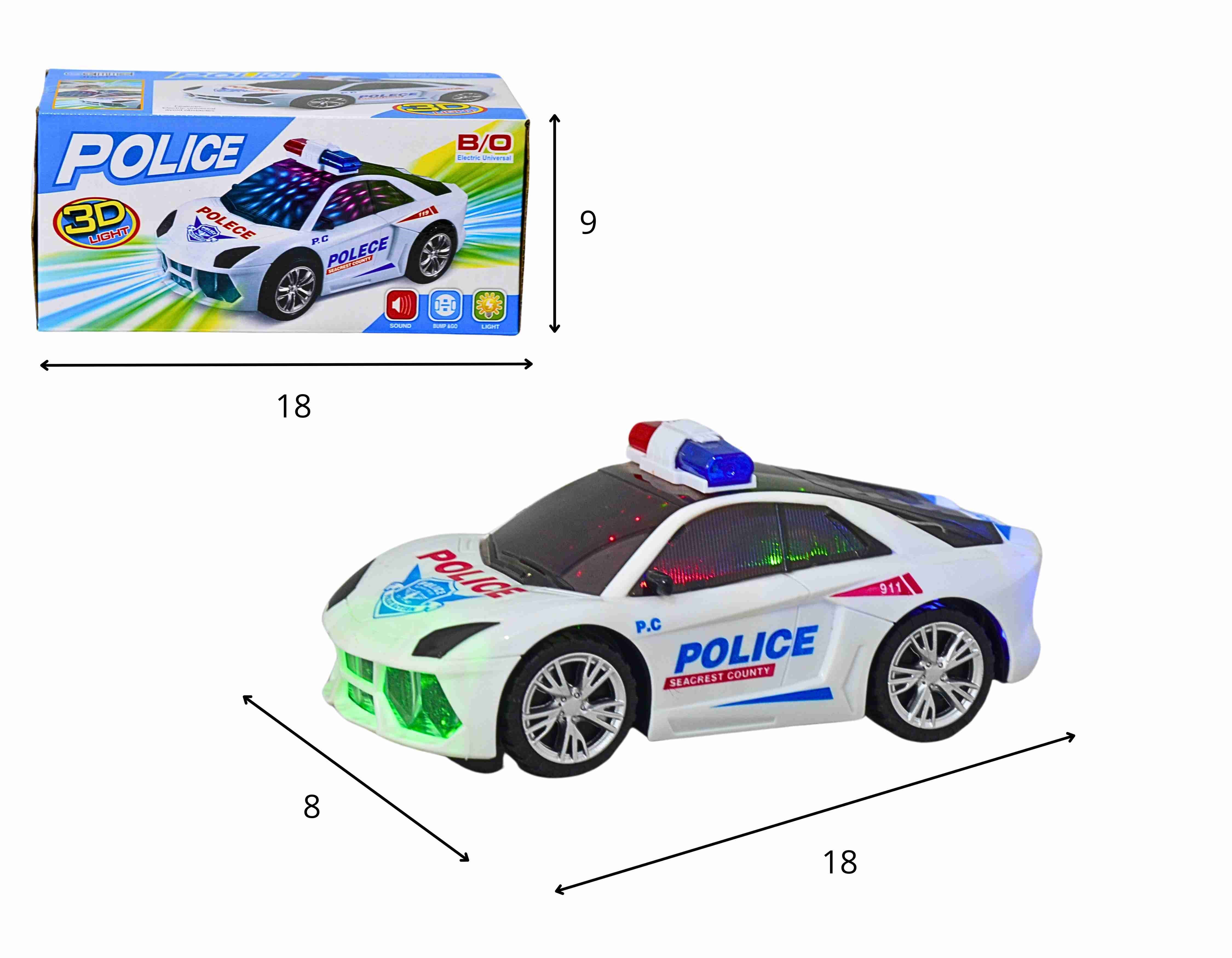 D - CARRO POLÍCIA A PILHA BATE VOLTA COM SOM E ILUMINAÇÃO 3D