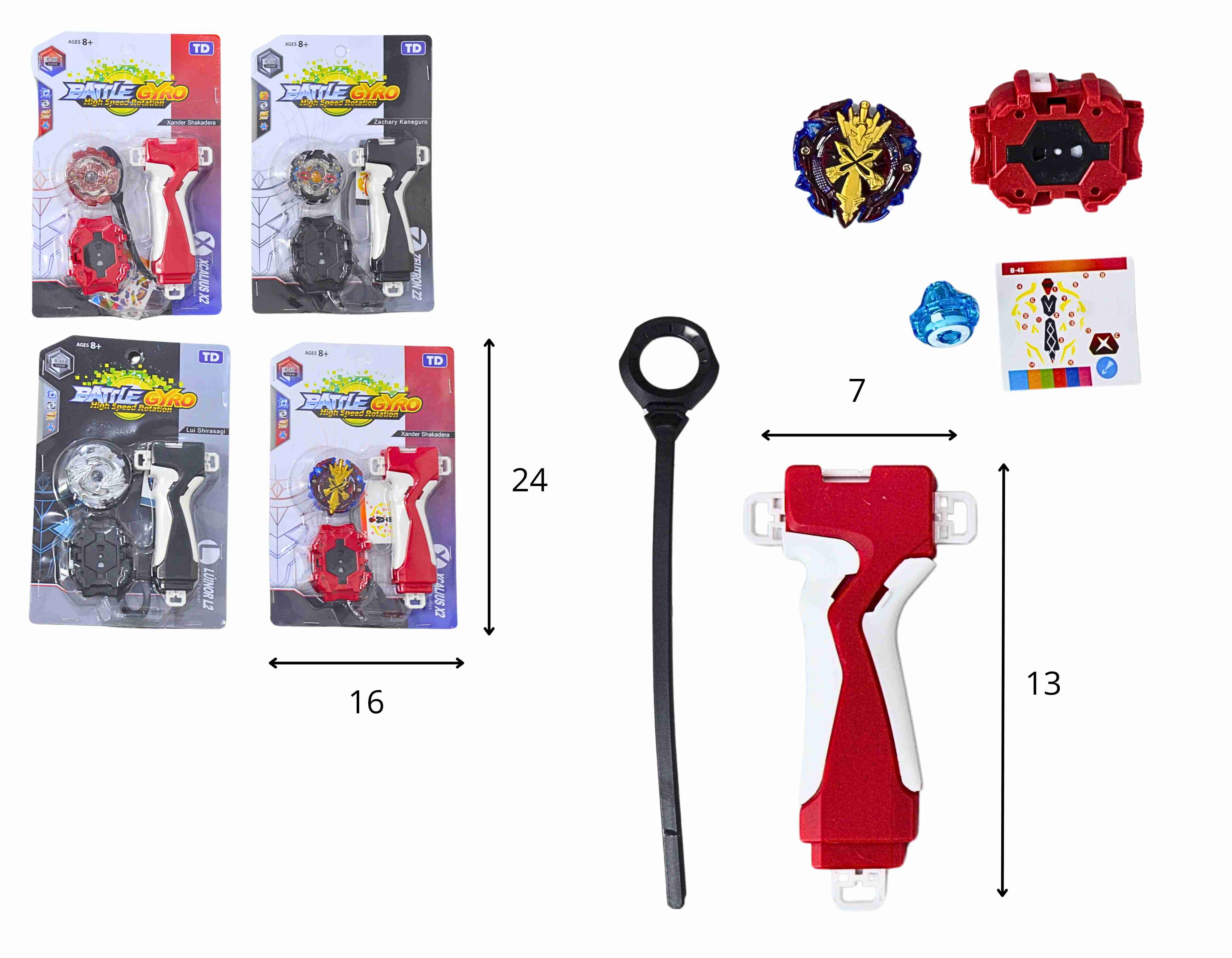 B - BEYBLADE DE METAL COM LANCADOR GRANDE NA CARTELA COM MODELOS VARIADOS
