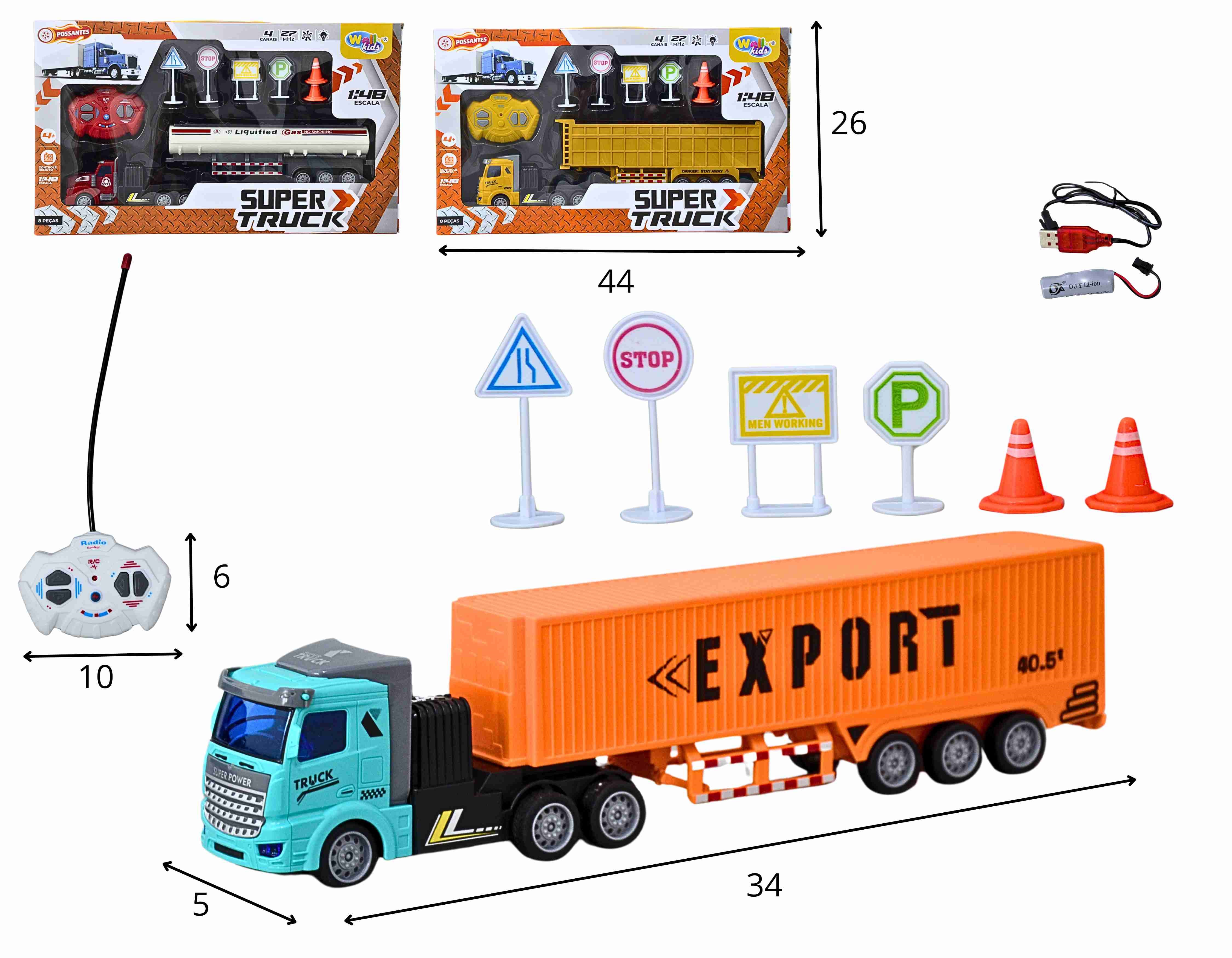 F - CAMINHÃO CONTAINER DE CONTROLE REMOTO TOTAL COM ACESSORIOS E MODELOS VARIADOS (BATERIA RECARREGAVEL)