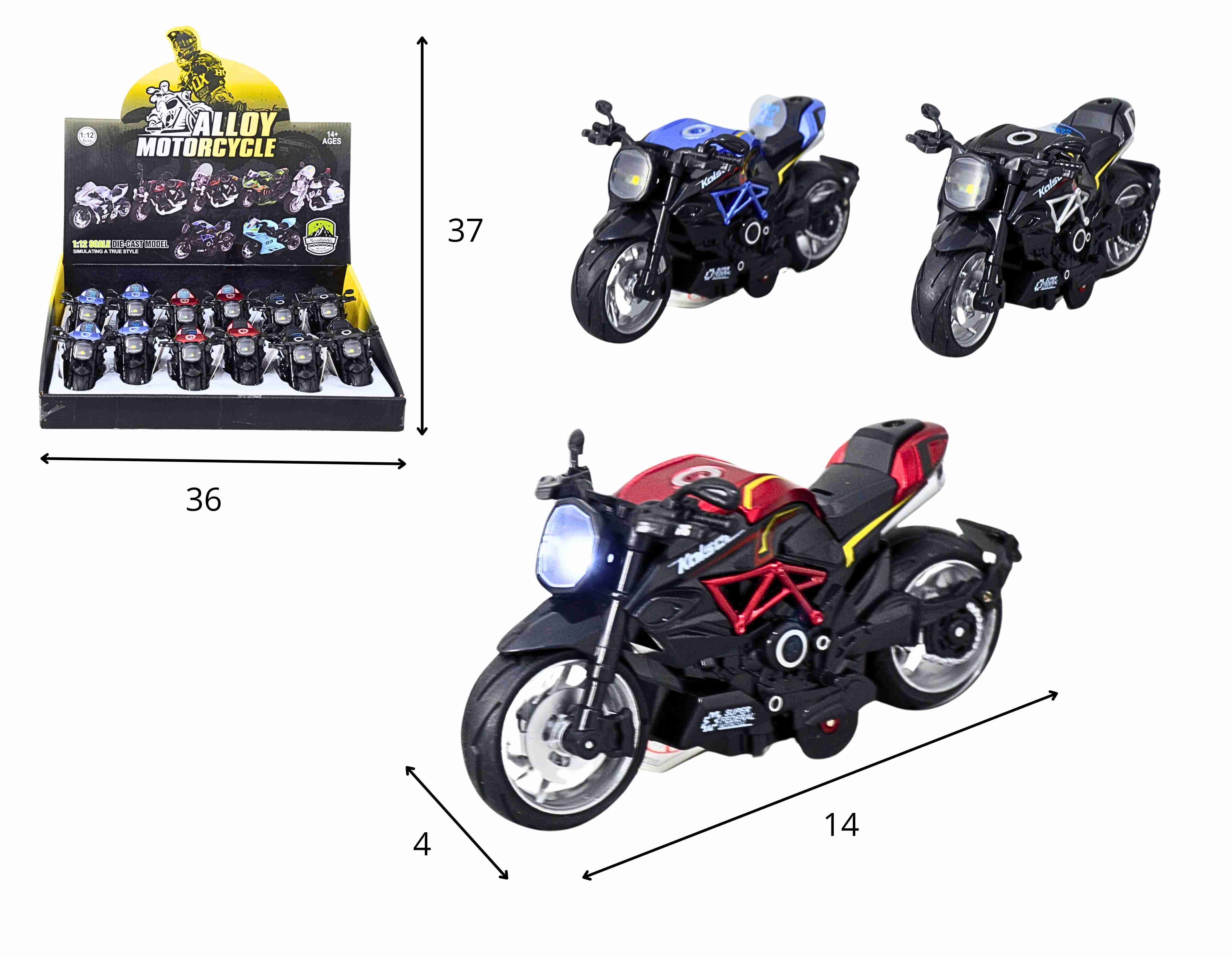 C - KIT COLEÇÃO MOTO NAKED DE METAL COM SOM E LUZ A FRICCAO NO DISPLAY C/ 12 PCS E CORES VARIADAS
