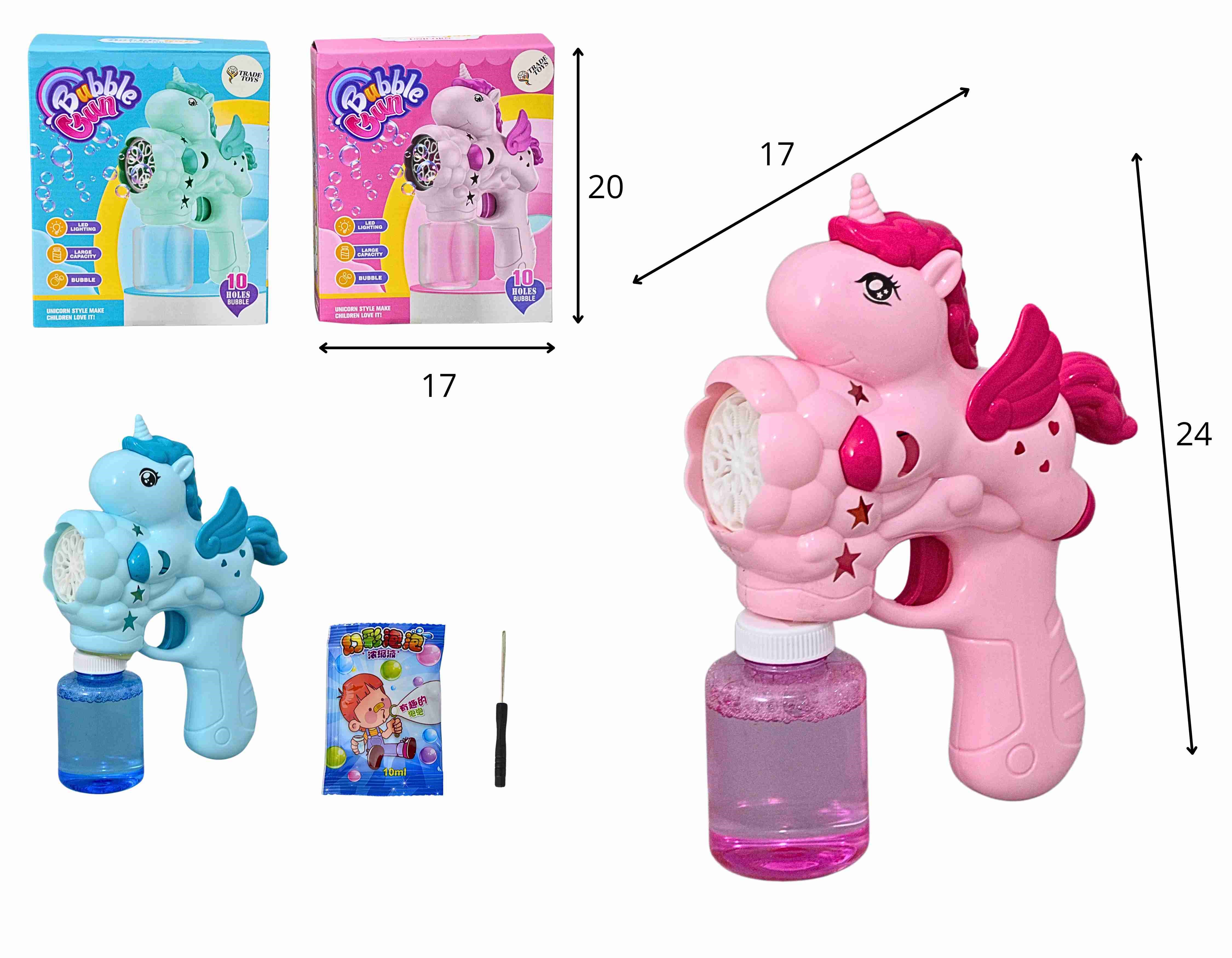 D - LANÇA BOLHAS DE SABÃO UNICORNIO Á PILHA, COM SOM E LUZ E CORES VARIADAS