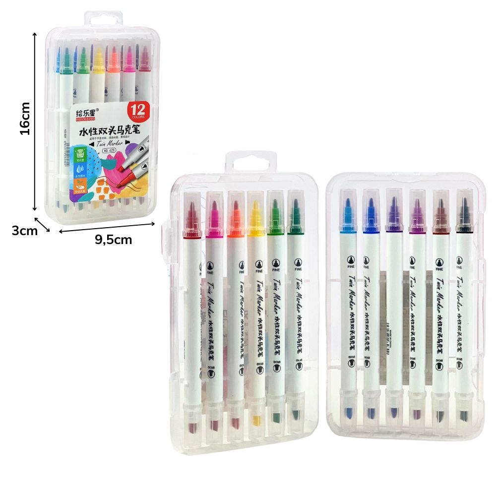 *A - CANETA HIDROGRAFICA PARA PINTURA COM PONTA DUPLA  E 12 CORES VARIADAS