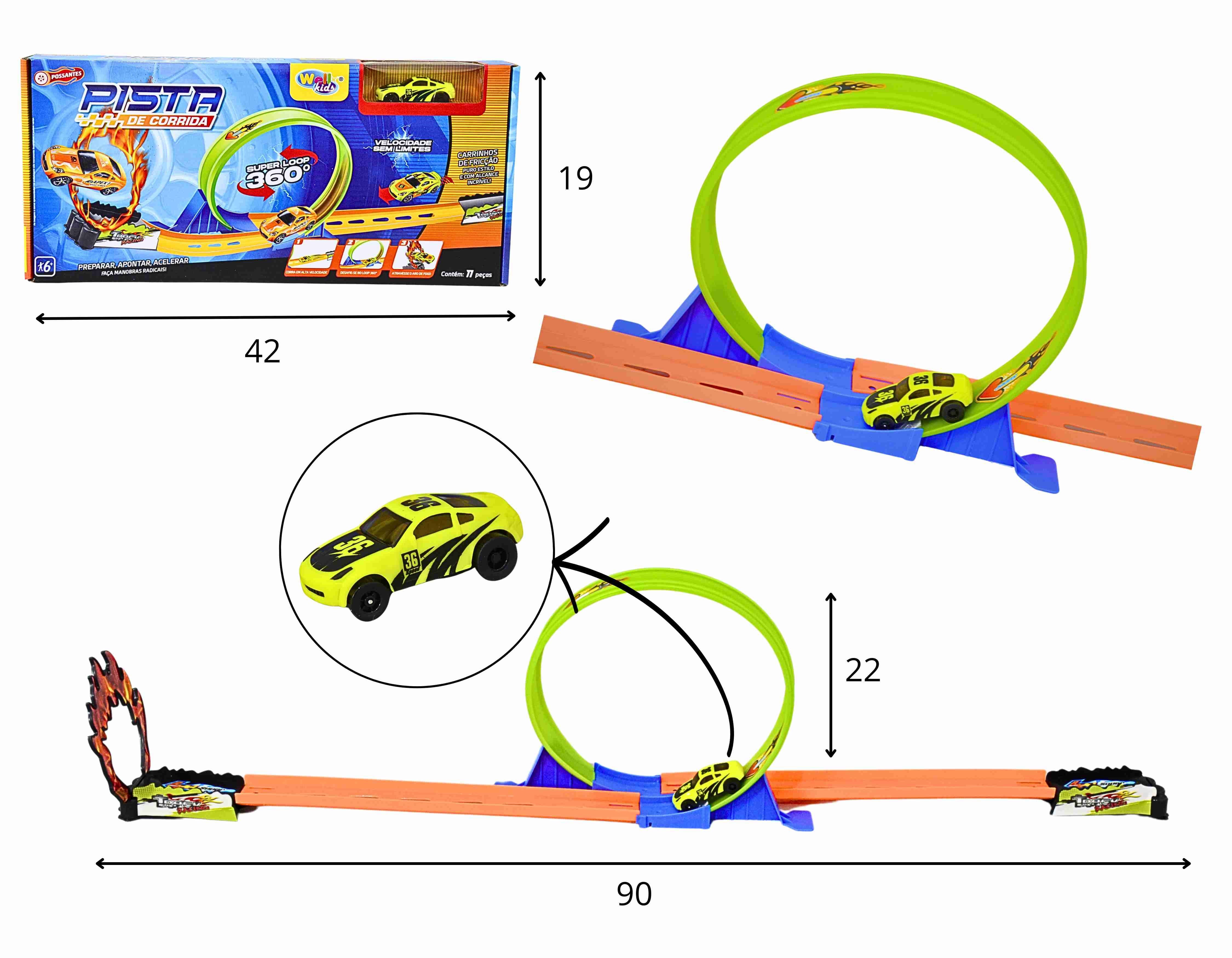 F - PISTA COM 1 CARRINHO, LANÇADOR, LOOPING E ACESSORIOS.(CONTEM 11 PEÇAS)