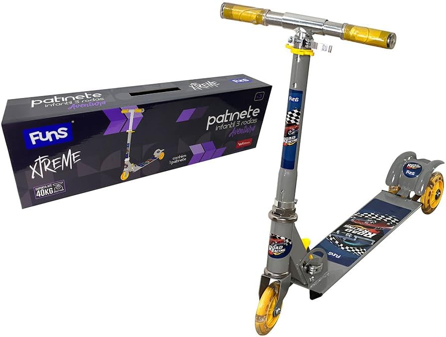 F - PATINETE DE METAL TEMA CARROS COM 3 RODAS E LUZ.(SUPORTA ATÉ 40 KG)