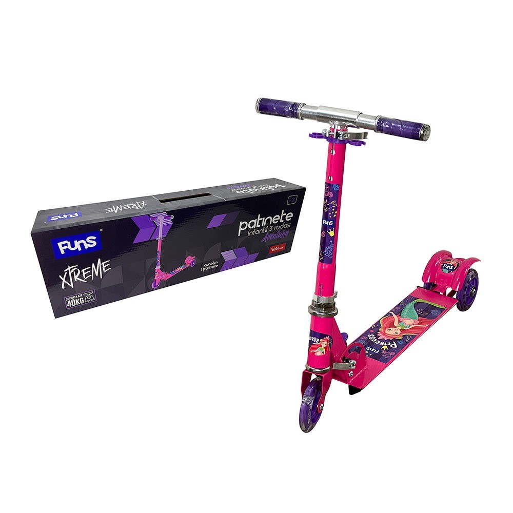 F - PATINETE DE METAL TEMA PRINCESAS COM 3 RODAS E LUZ.(SUPORTA ATÉ 40 KG)