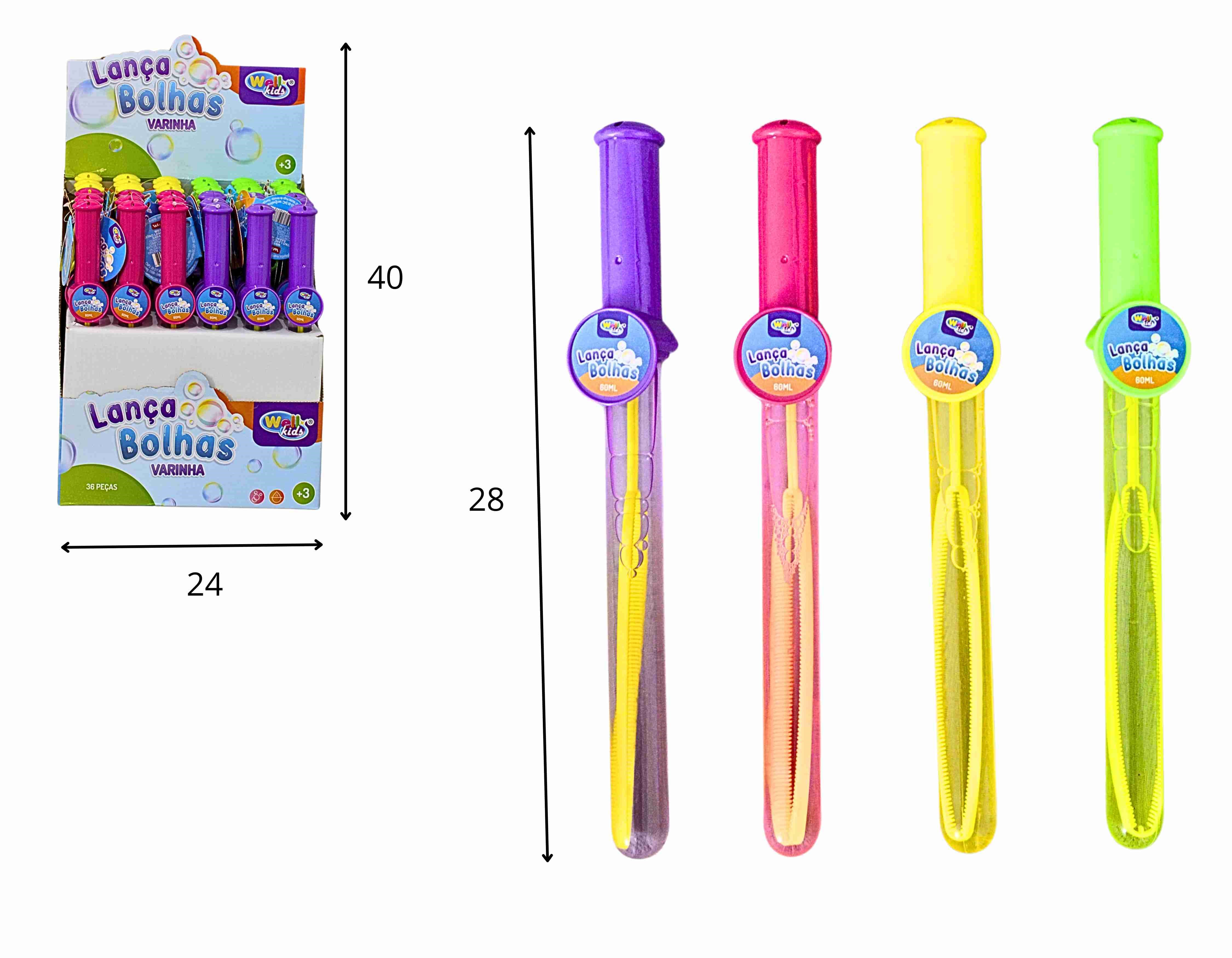 B - BASTÃO LANÇA BOLHAS DE SABÃO NO DISPLAY COM 36 PEÇAS E CORES VARIADAS 