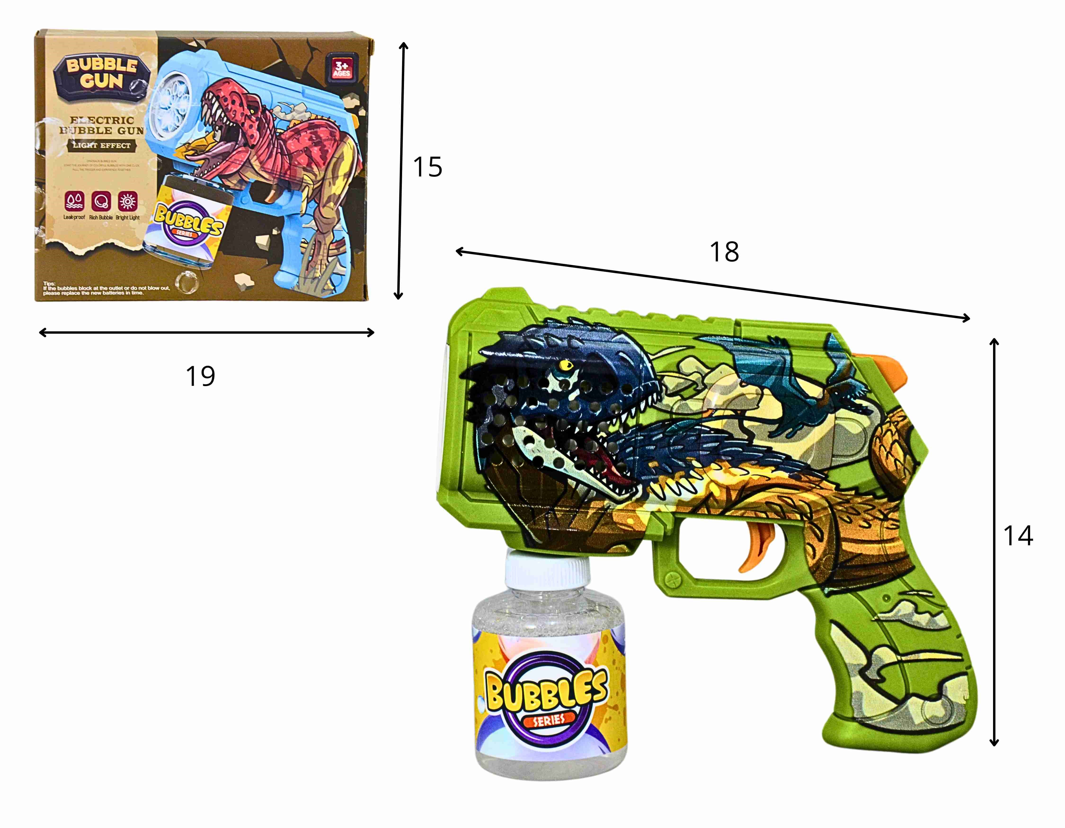 D - PISTOLA LANÇA BOLHAS DE SABÃO TEMA DINOSSAURO Á PILHA, COM LUZ