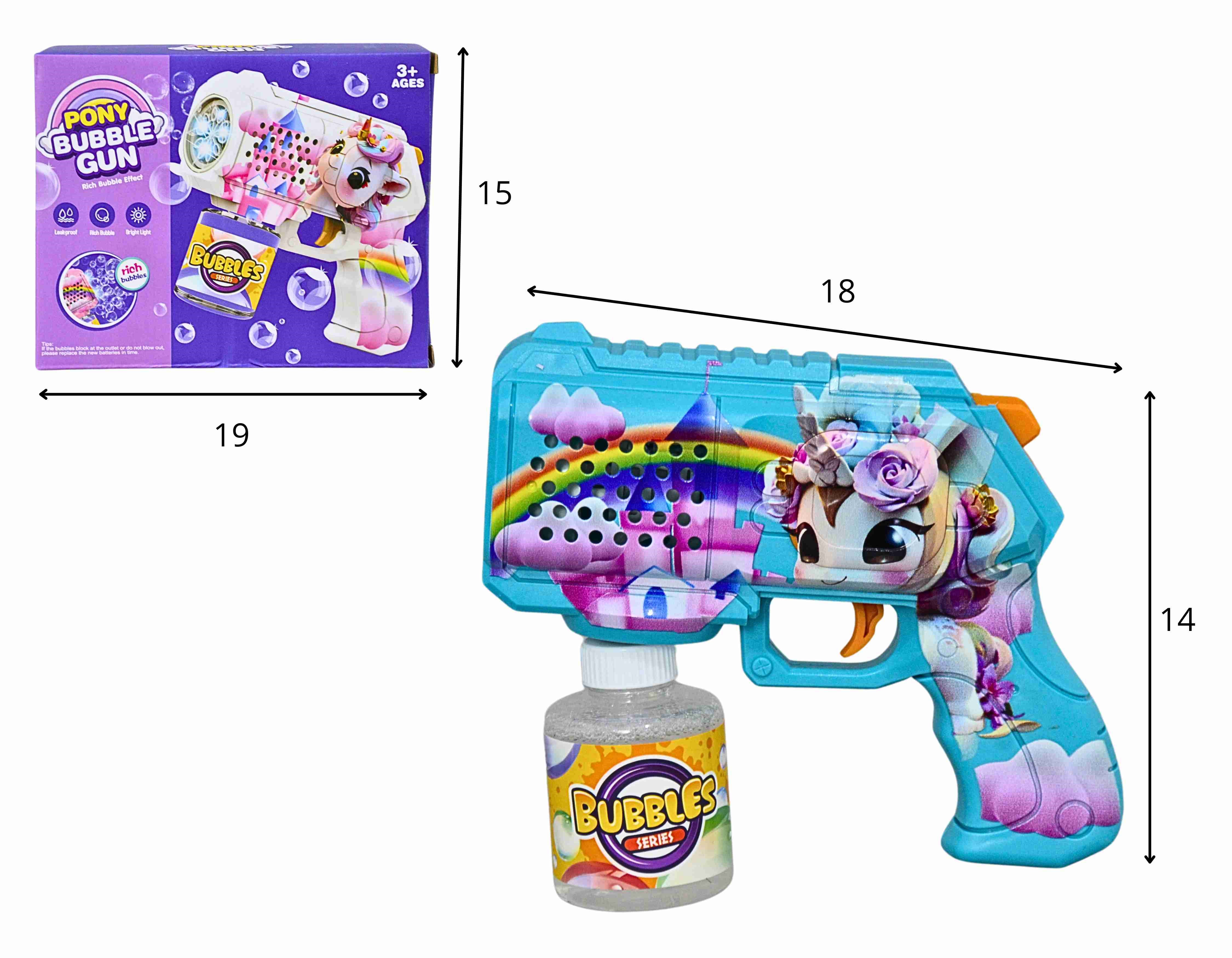 D - PISTOLA LANÇA BOLHAS DE SABÃO TEMA UNICORNIO Á PILHA, COM LUZ