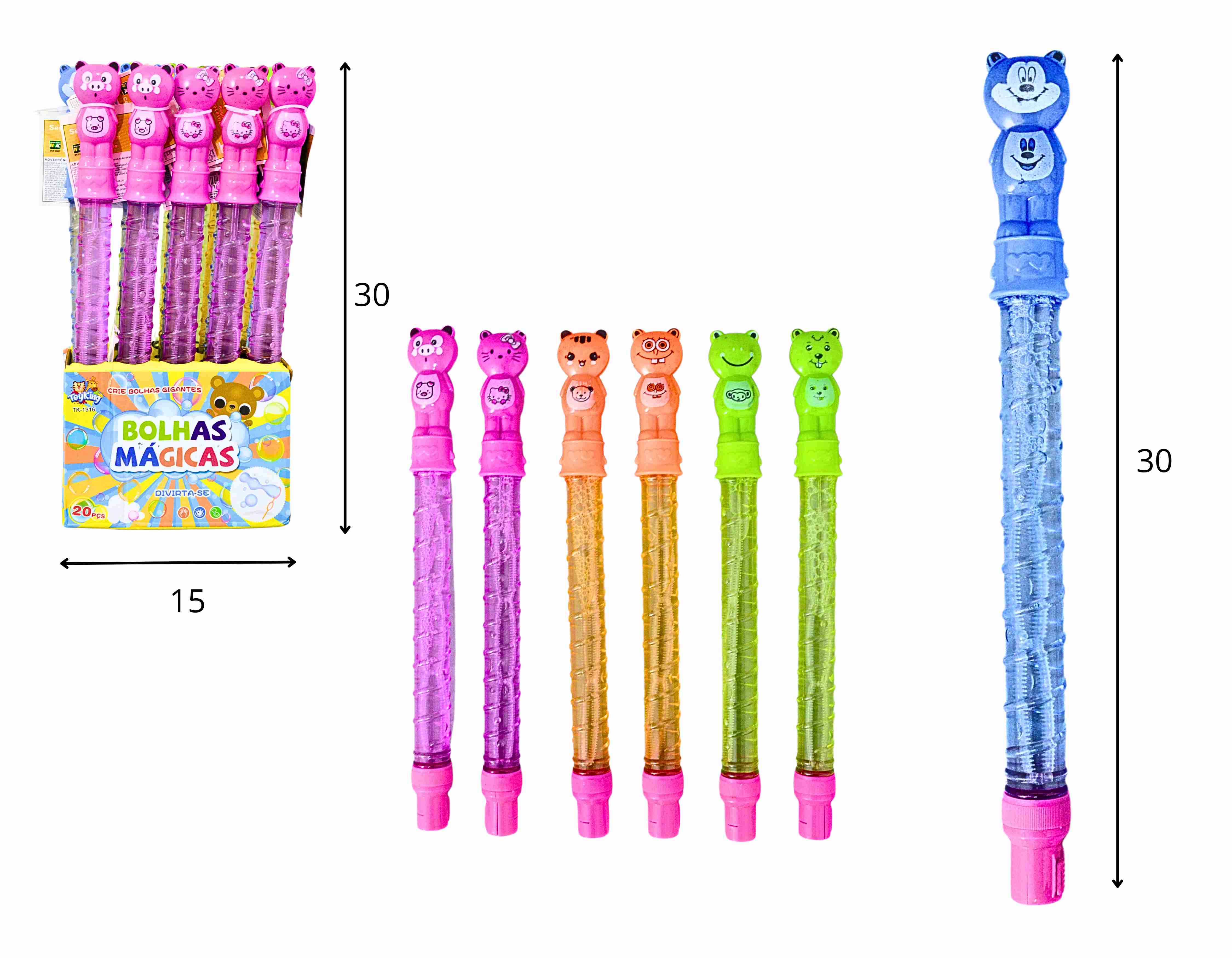 B - BASTÃO LANÇA BOLHAS DE SABÃO ANIMAIS VARIADOS NO DISPLAY COM 20 PEÇAS E CORES VARIADAS