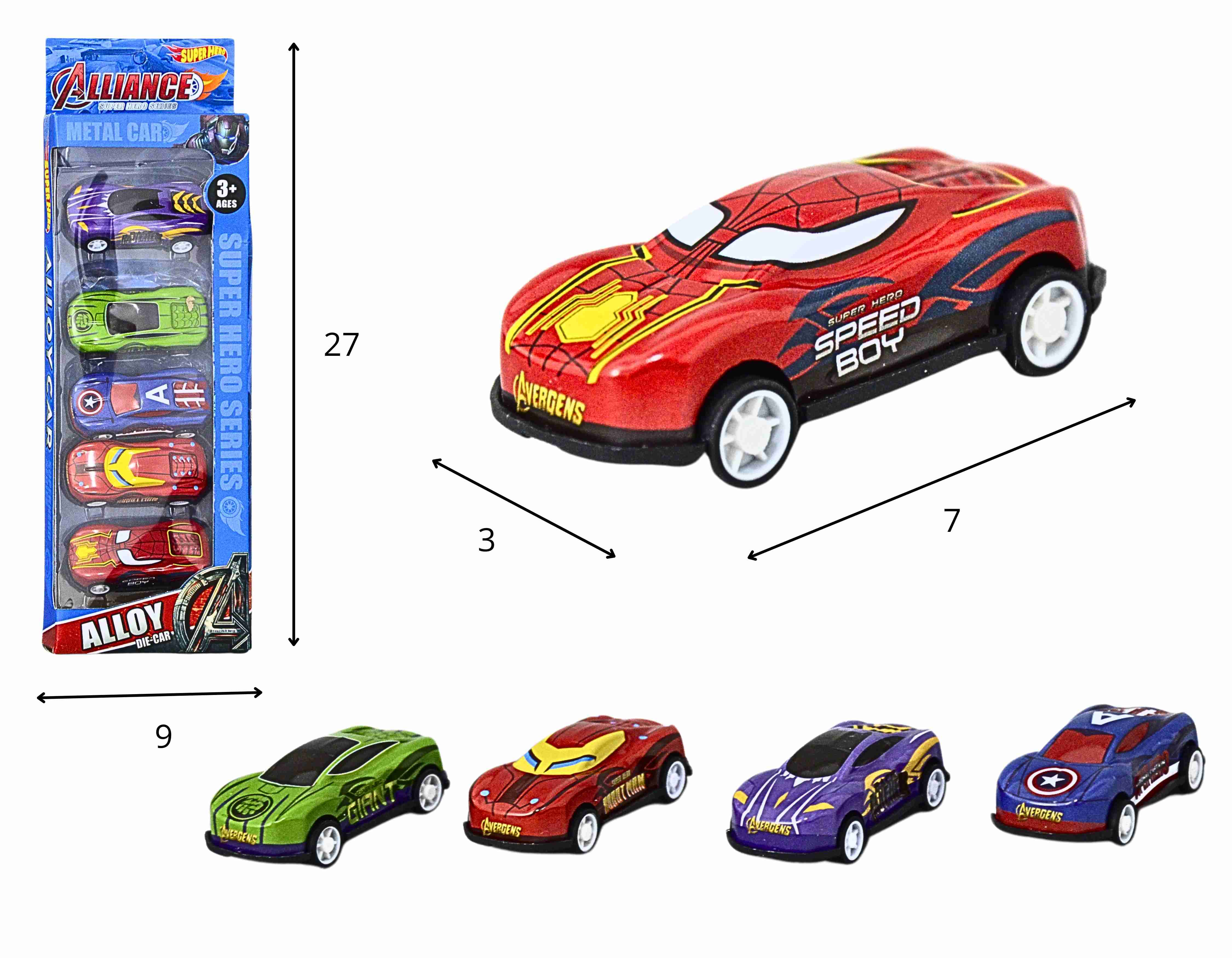 **A - COLEÇÃO DE CARRINHOS TEMA AVENGERS A FRICÇÃO COM 5 PEÇAS