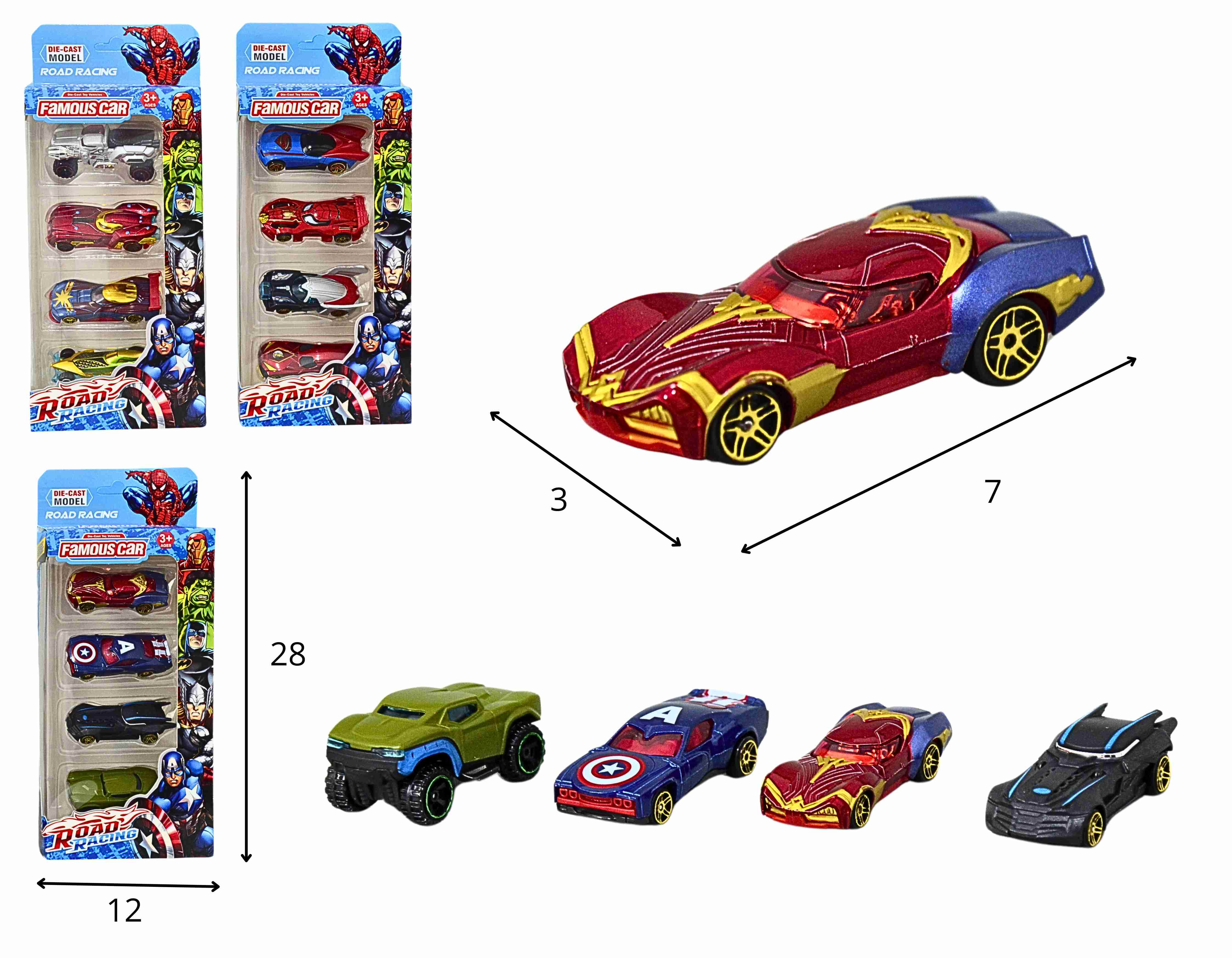 A - COLEÇÃO CARRINHOS TEMA AVENGERS DE METAL COM 4 PCS E MODELOS VARIADOS