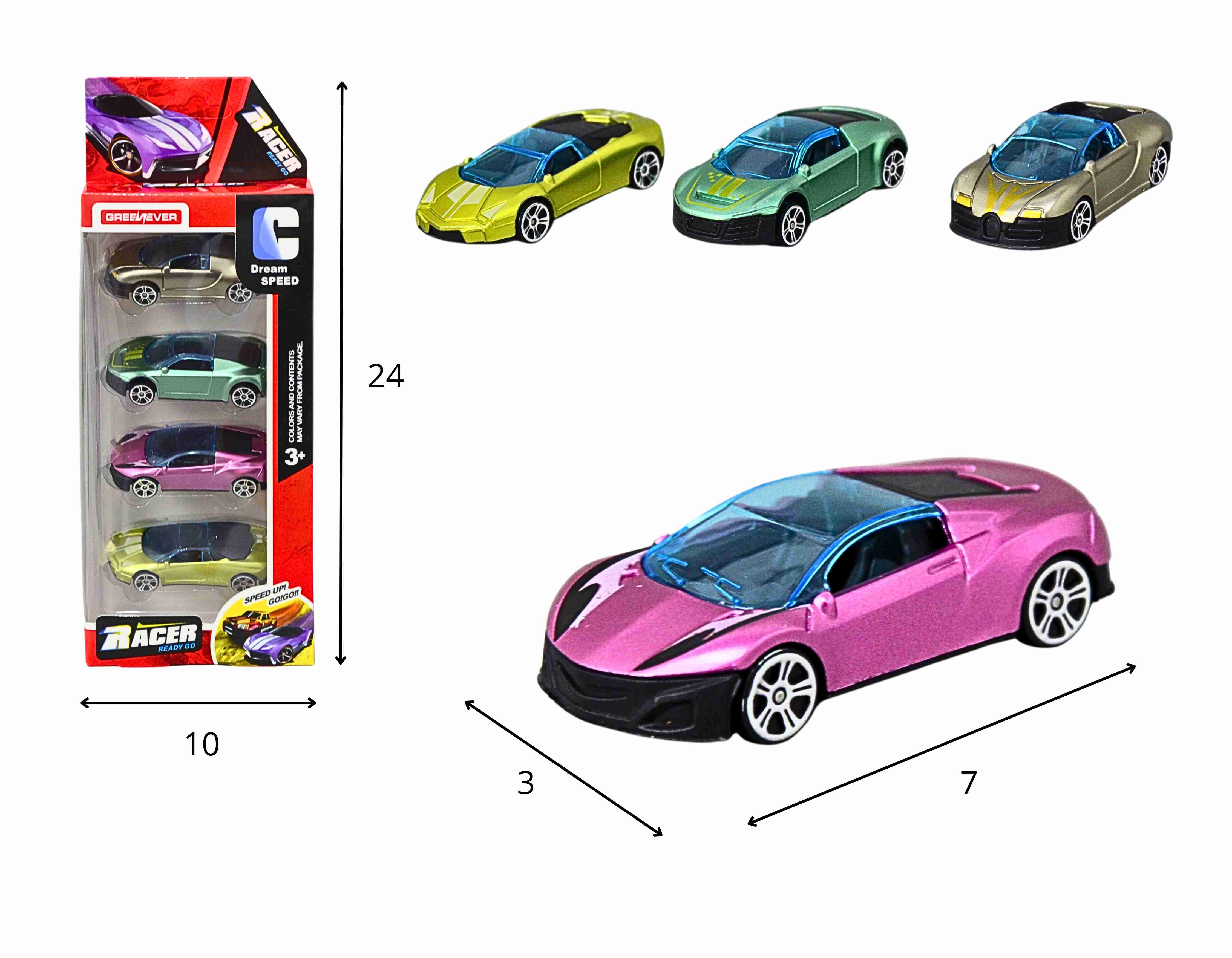 A - COLEÇÃO COM 4 CARRINHOS COM CORES E MODELOS VARIADOS
