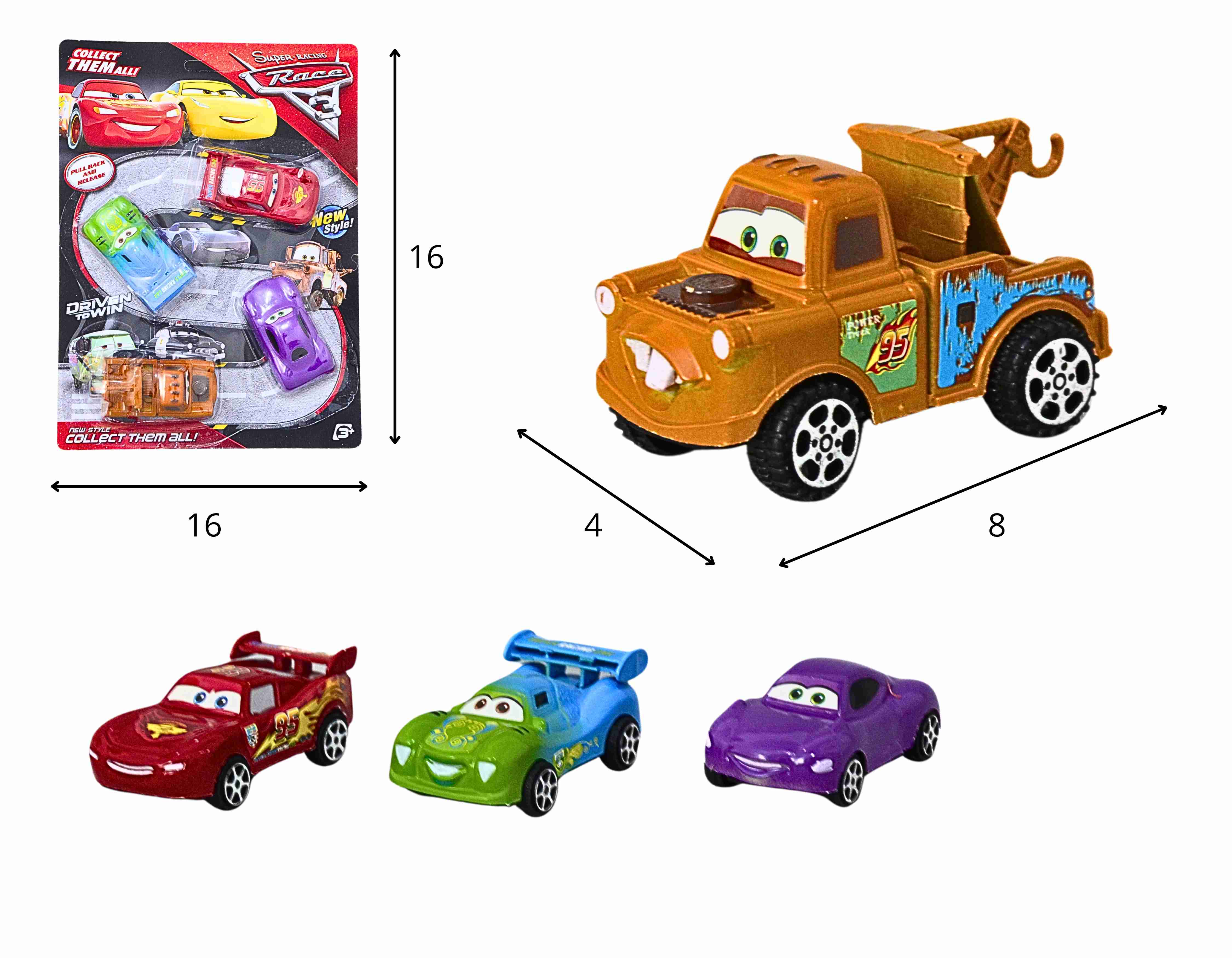 A - COLEÇÃO DE CARRINHOS CARS Á FRICÇÃO COM 4 PEÇAS NA CARTELA