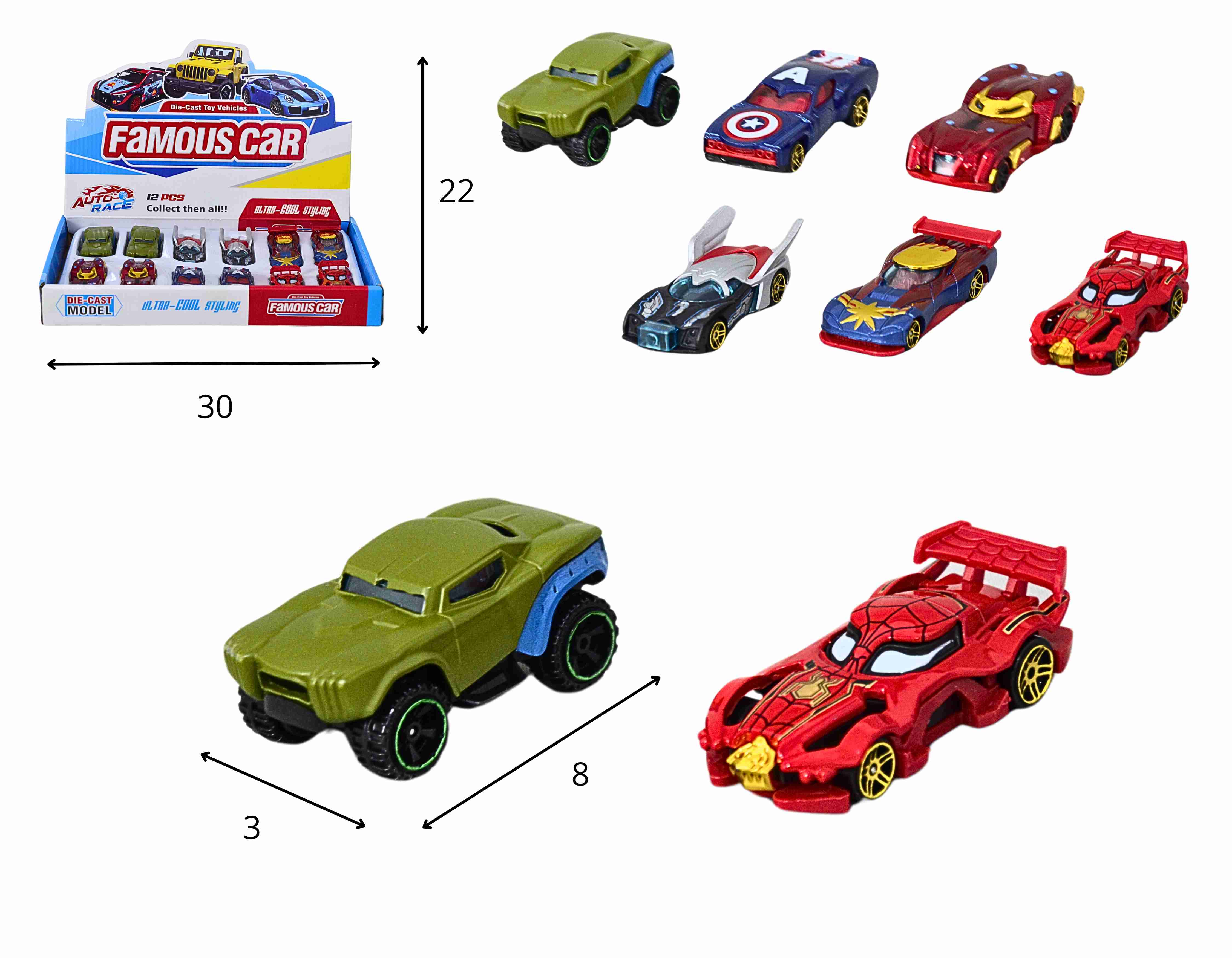 A - COLEÇÃO CARRINHOS TEMA AVENGERS DE METAL COM 12 PCS CORES E MODELOS VARIADOS