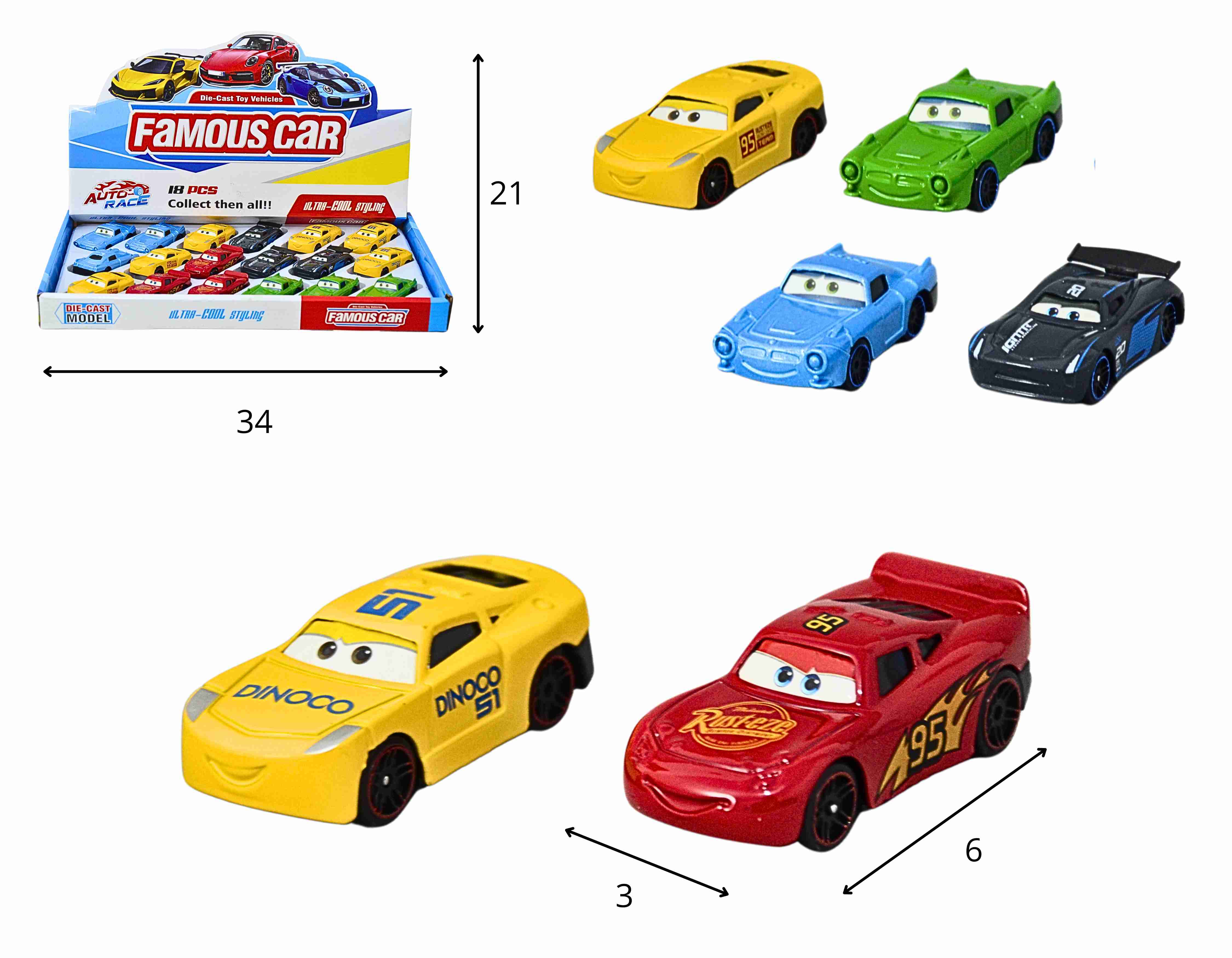 **A - COLEÇÃO CARRINHOS TEMA CARS O FILME DE METAL COM 18 PCS CORES E MODELOS VARIADOS