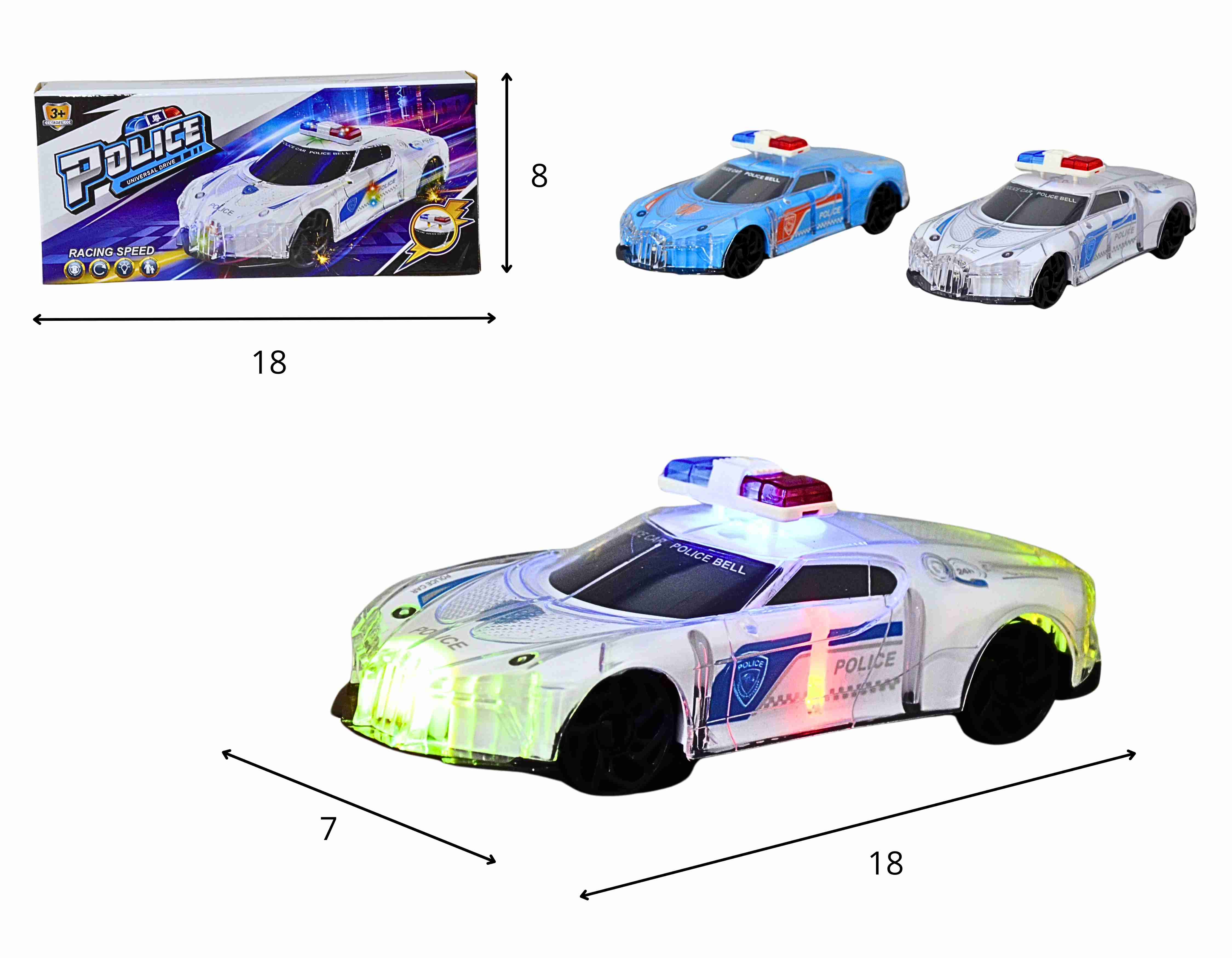 D - CARRO POLÍCIA A PILHA BATE VOLTA COM SOM E ILUMINAÇÃO 3D