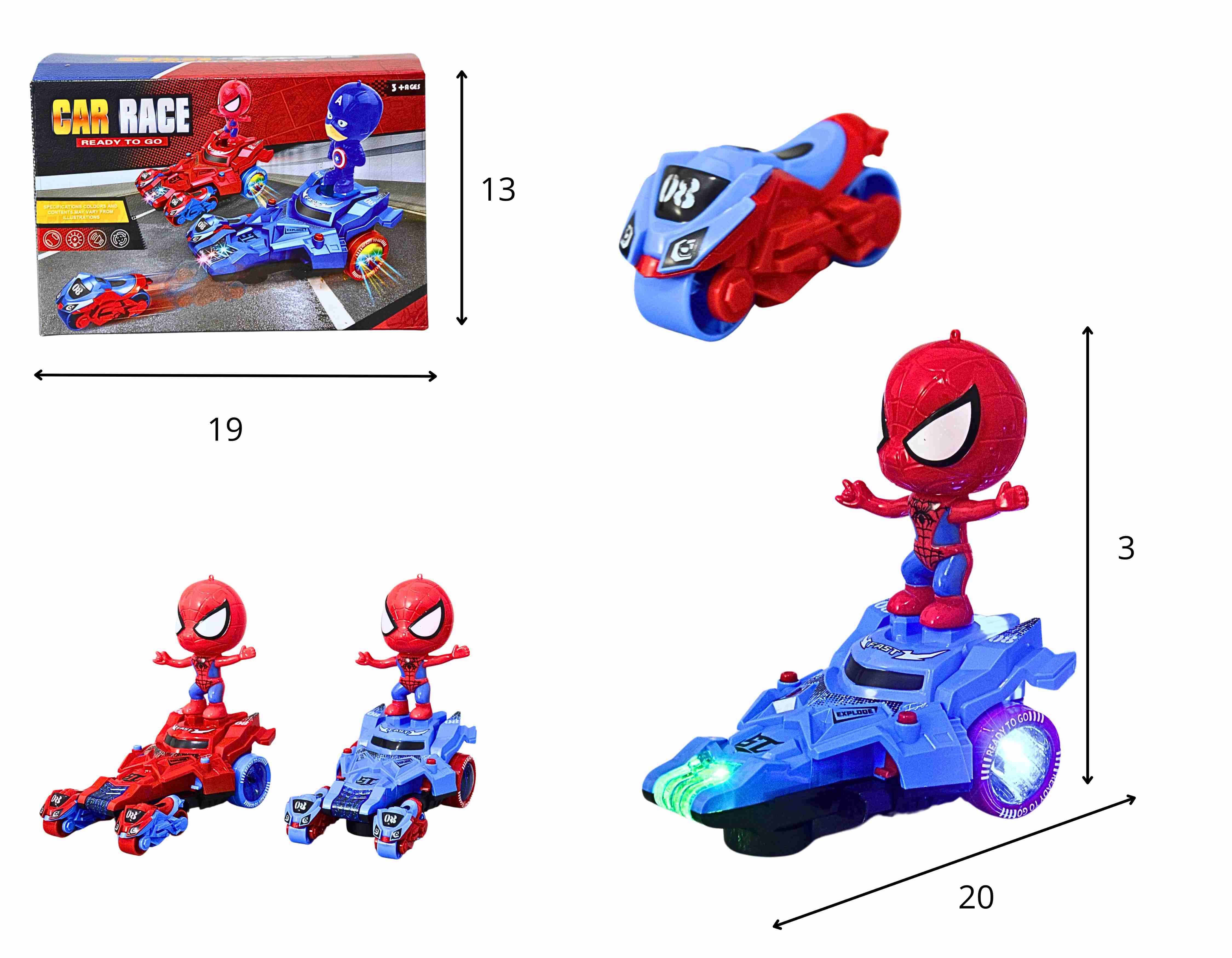 D - CARRO COM BONECO SPIDERMAN QUE LANÇA 2 MOTOS A PILHA BATE E VOLTA COM SOM E ILUMINAÇÃO