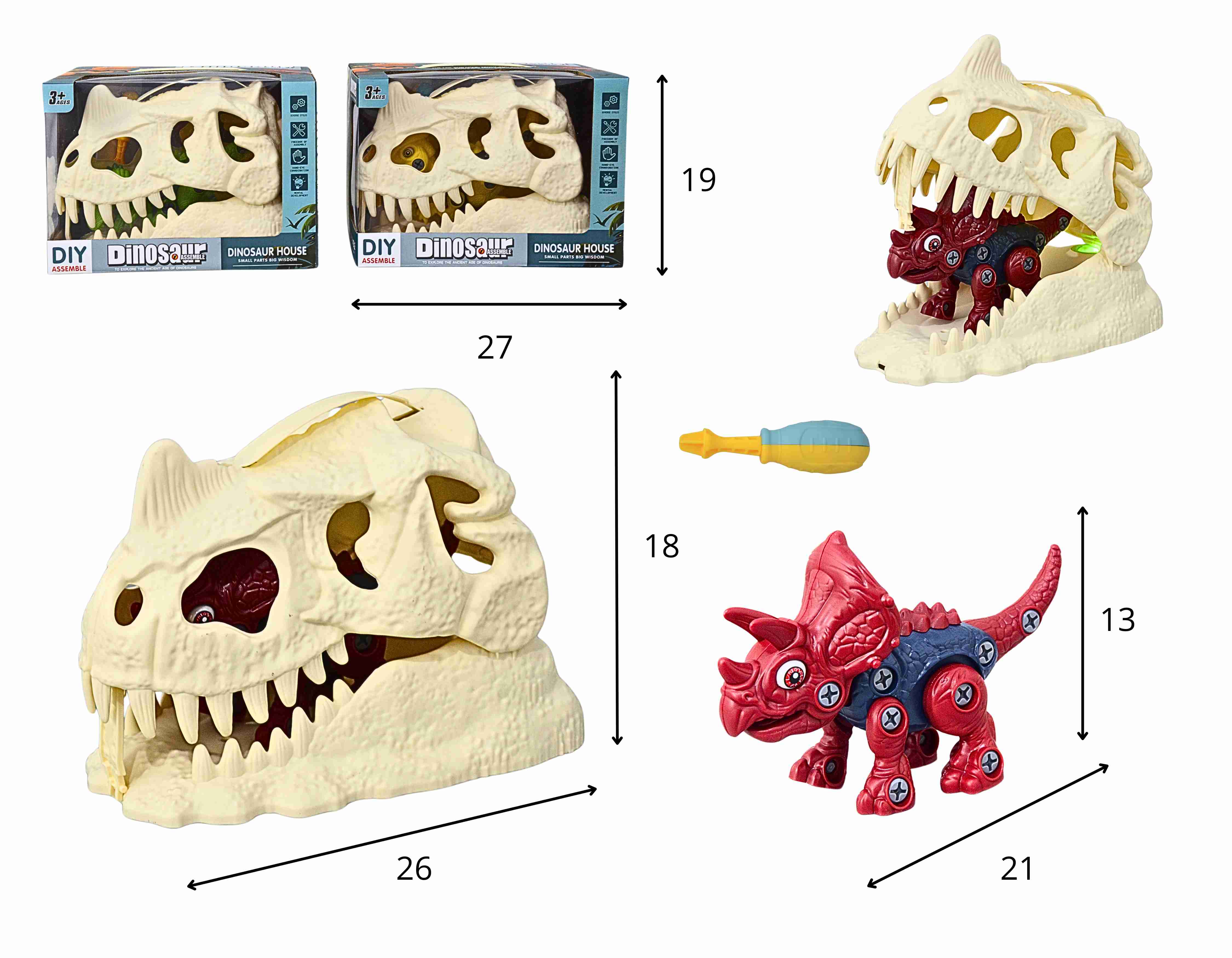 D - CABEÇA DE TIRANOSSAURO REX COM DINOSSAURO MONTA DESMONTA DENTRO COM SOM