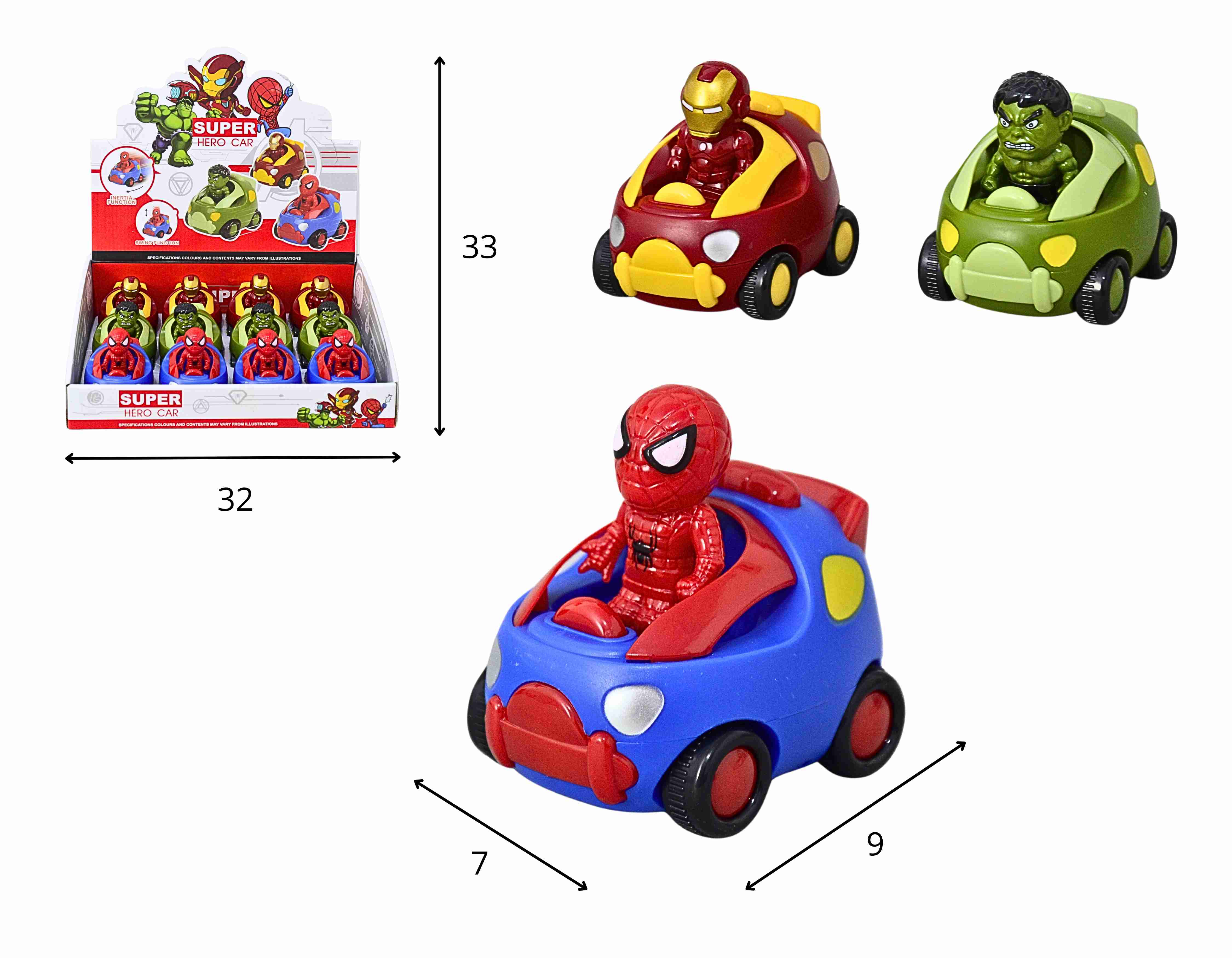 C - KIT COLECAO CARRO COM BONECO AVENGERS A FRICCAO NO DISPLAY C/ 12 PCS