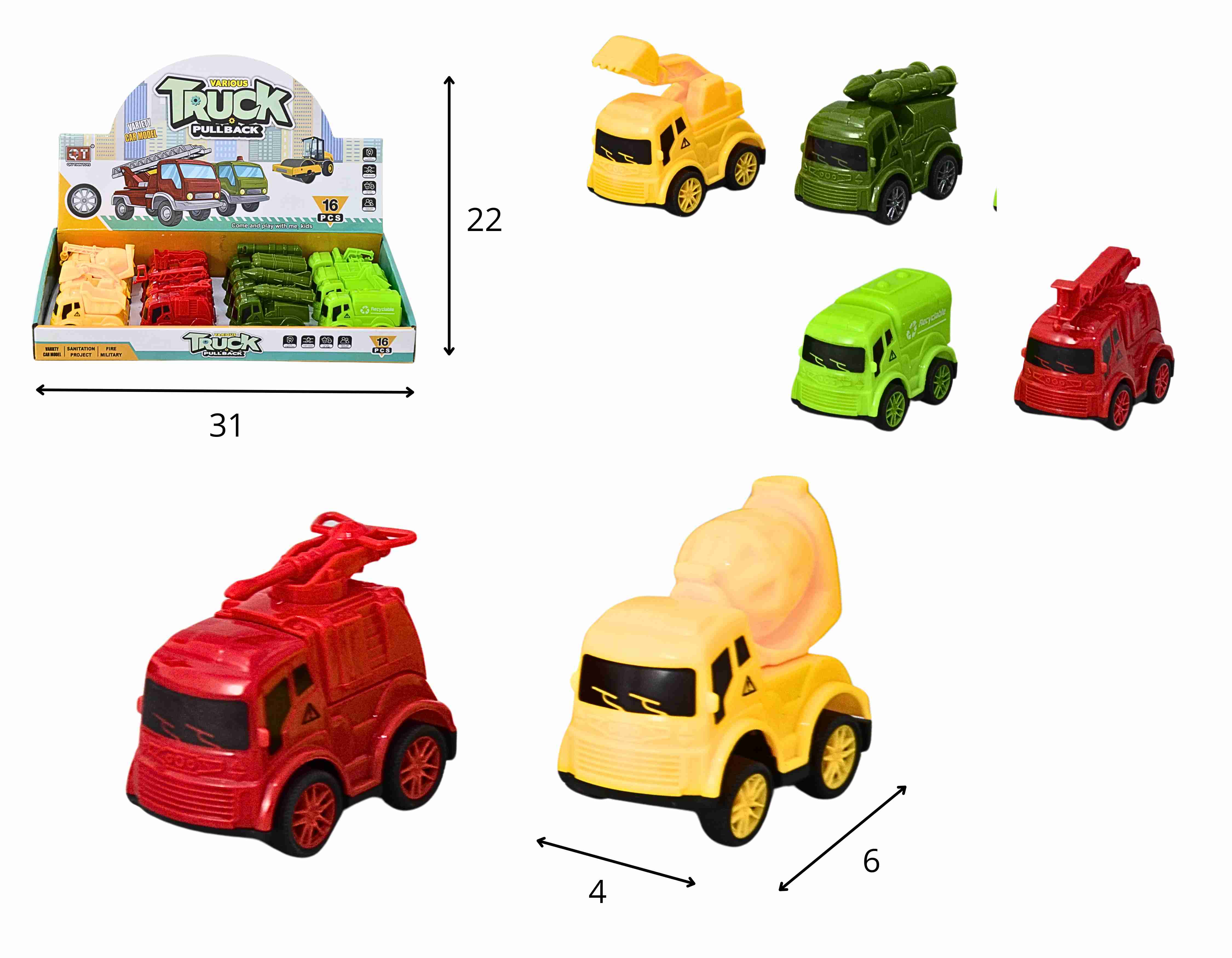 **C - KIT COLECAO CAMINHAO A FRICCAO COM TEMAS VARIADOS NO DISPLAY C/ 16 PCS