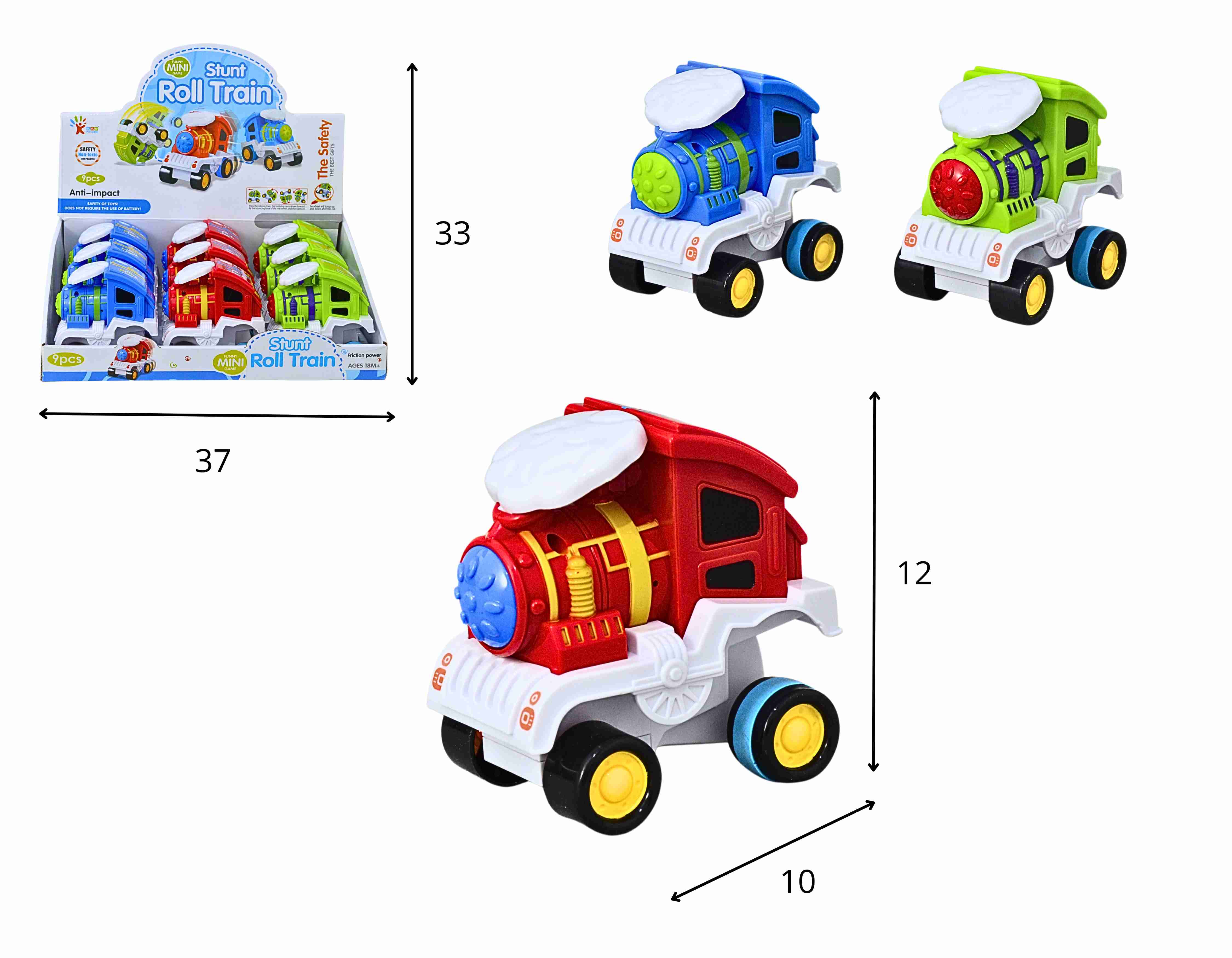 C - KIT COLECAO TREM A FRICCAO QUE DA CAMBALHOTA COM CORES VARIADAS  NO DISPLAY C9 PCS