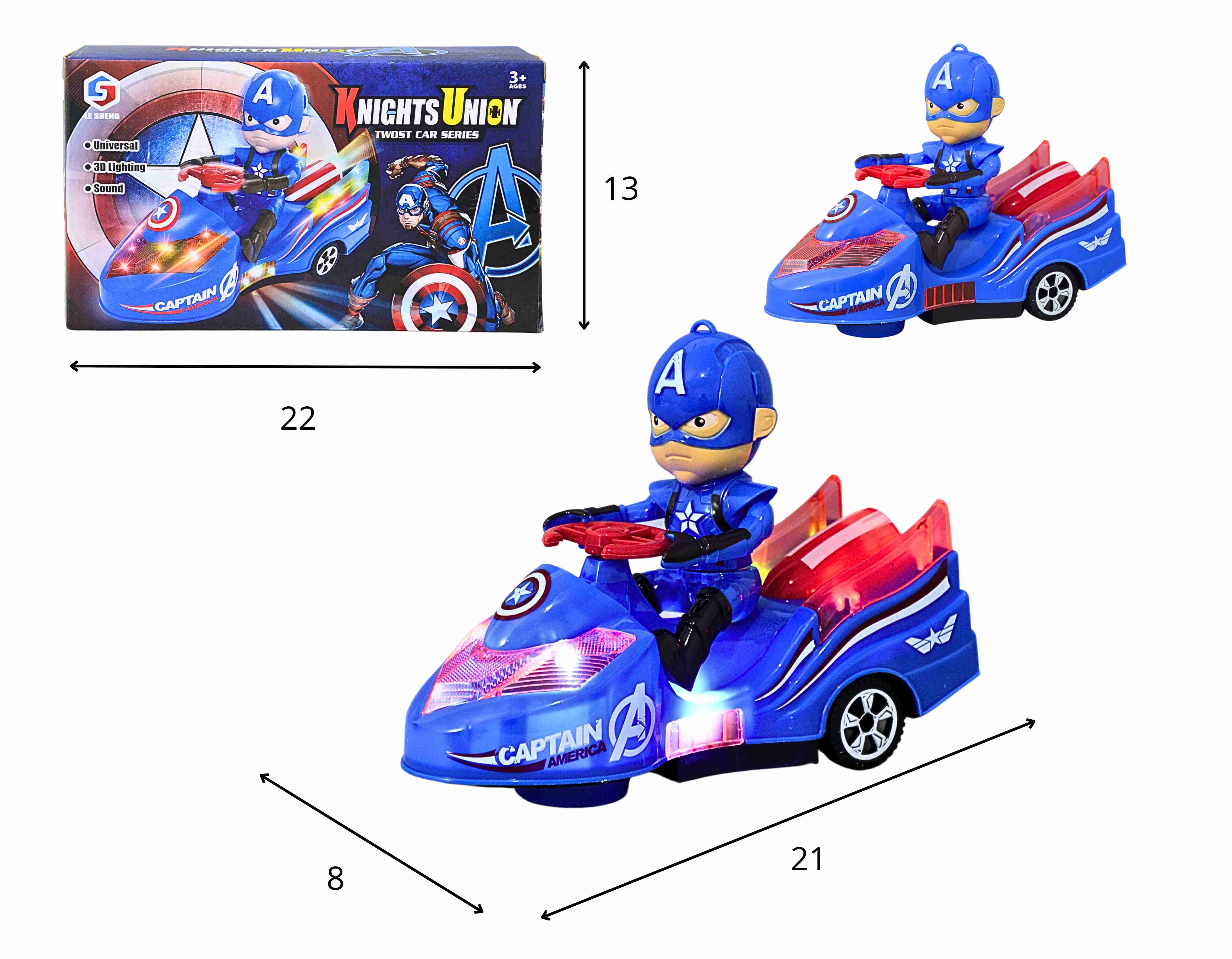 D - CARRO COM BONECO CAPITAO AMERICA A PILHA BATE E VOLTA COM SOM E ILUMINAÇÃO