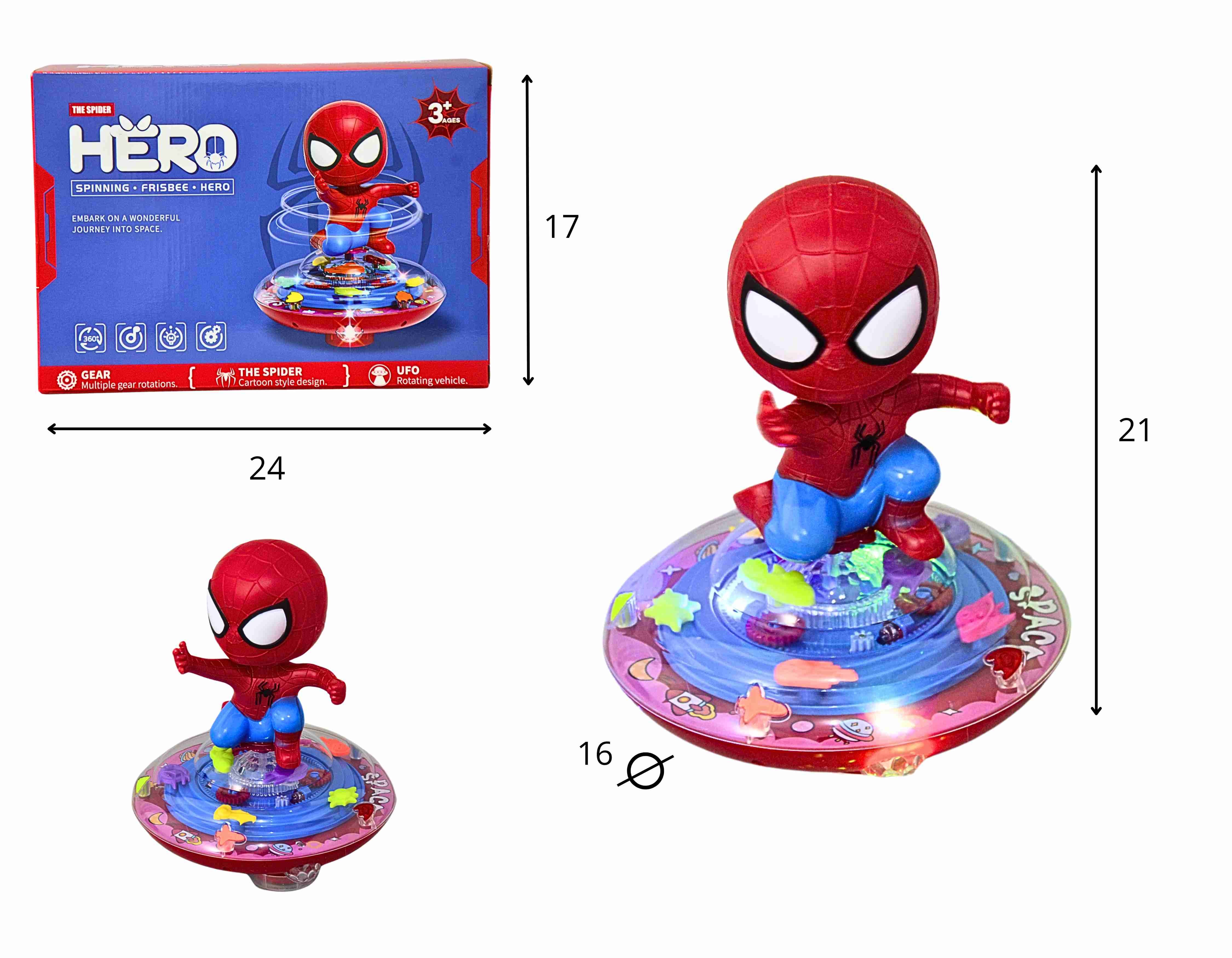 D - BONECO HOMEM ARANHA NO DISCO TRANSPARENTE Á PILHA BATE E VOLTA COM SOM E ILUMINAÇÃO