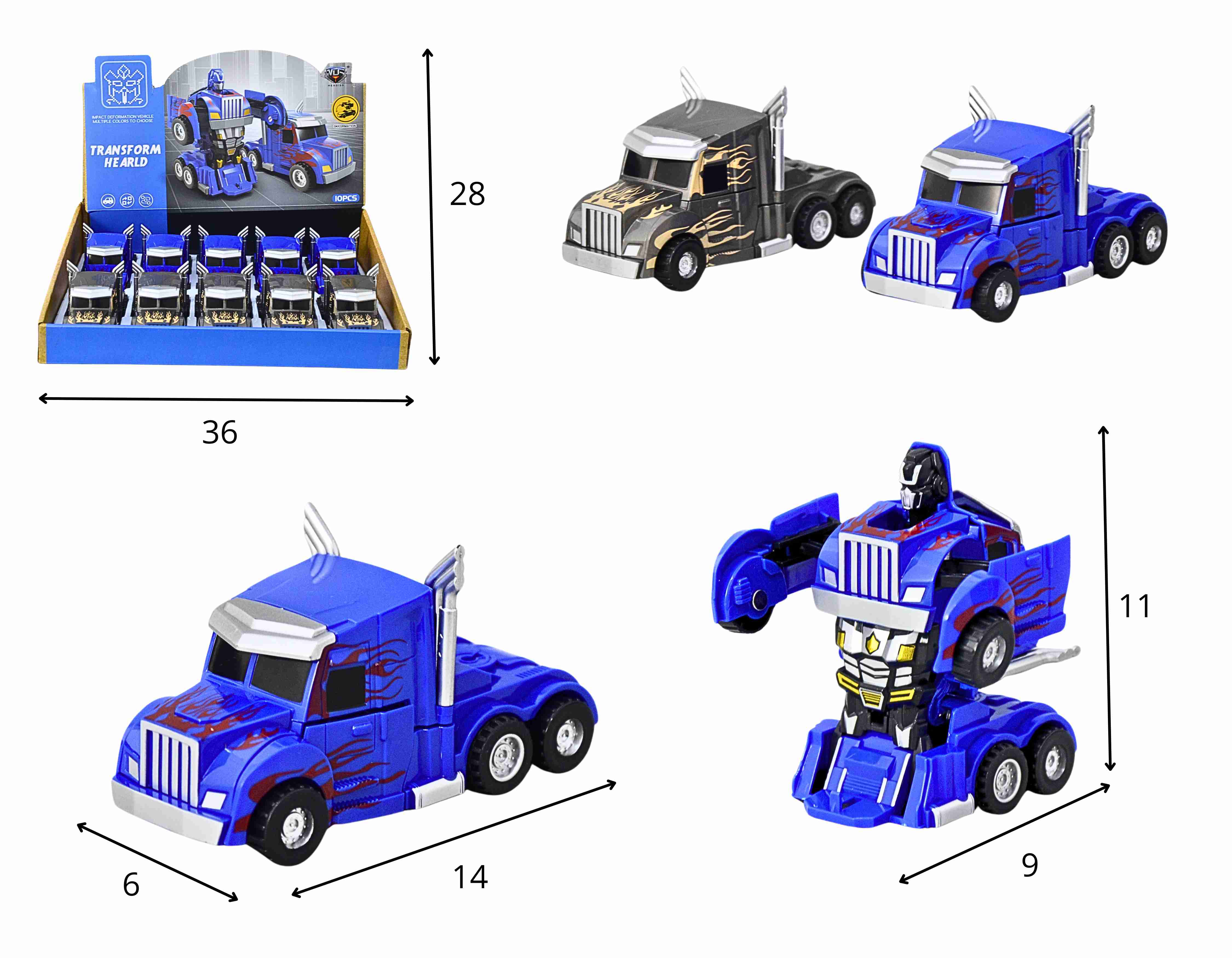 C - COLEÇÃO DE CAMINHAO TRANSFORMERS Á FRICÇÃO, COM 2 CORES VARIADAS NO DISPLAY COM 10 PEÇAS
