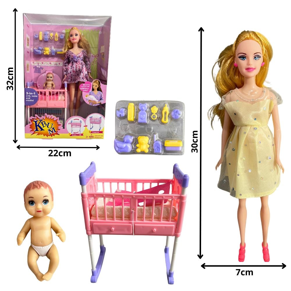 C - BONECA GRÁVIDA COM A FILHA, BERÇO E ACESSORIOS