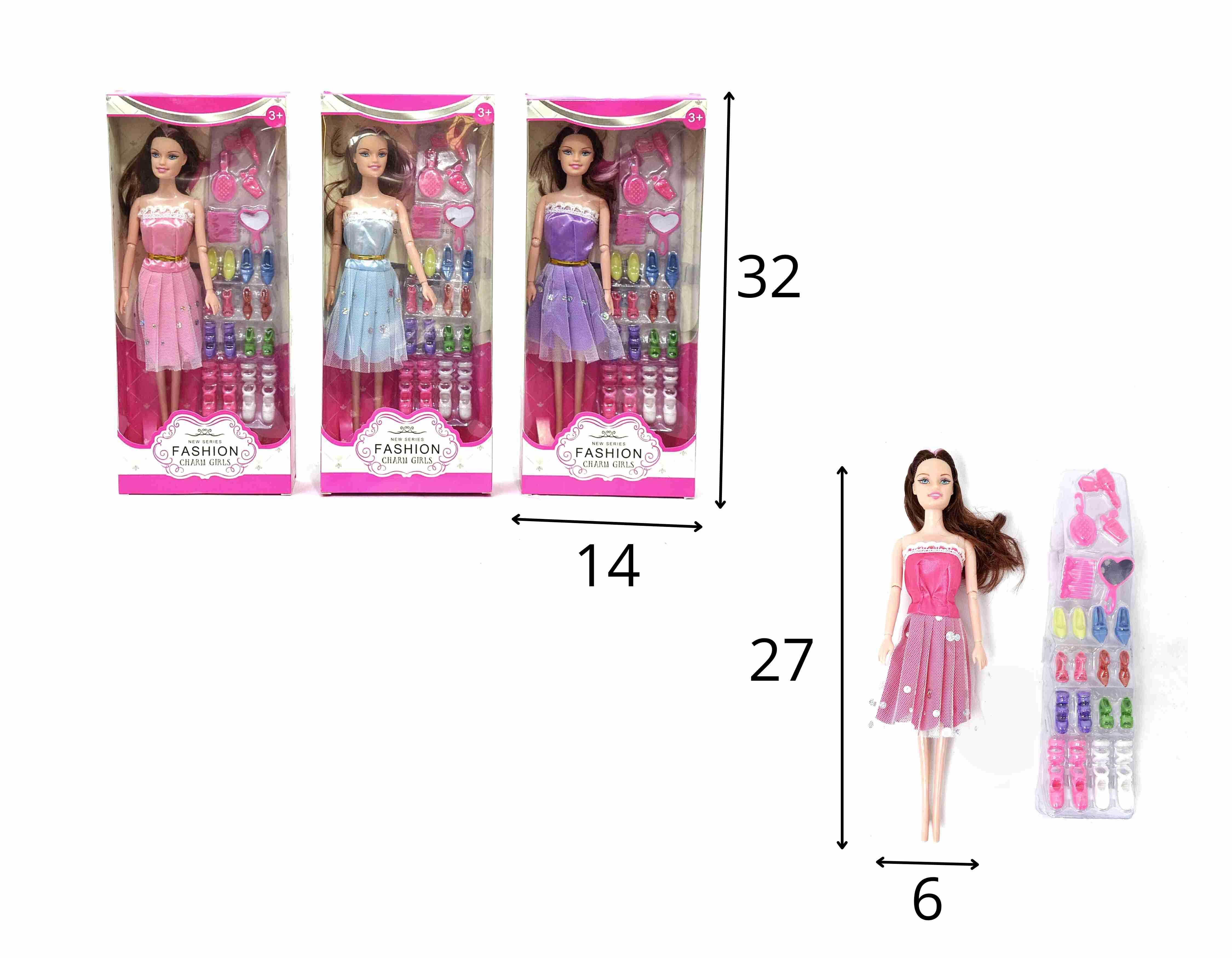 C - BONECA COM JOGO DE SAPATOS E ACESSÓRIOS E VESTIDOS VARIADOS (CAIXA FECHADA R$ 15,29 + FT -> 24 PEÇAS)