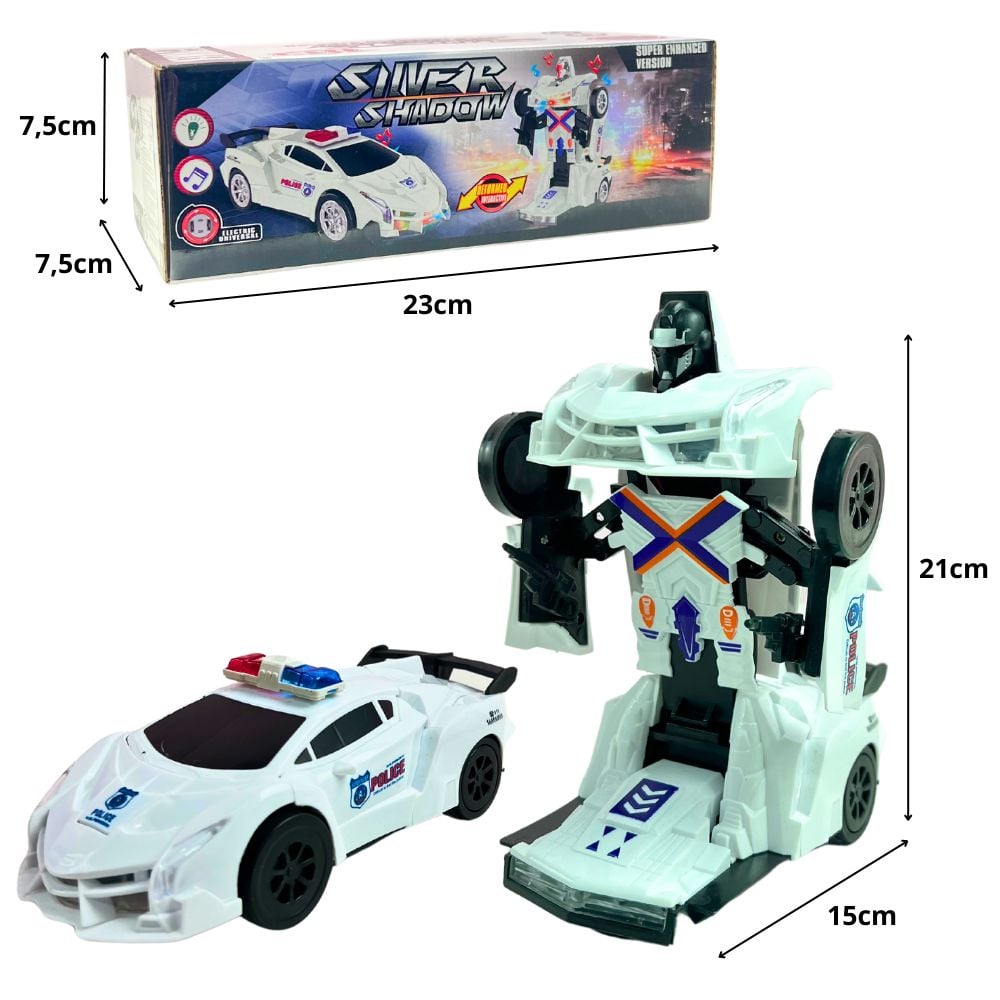 D - CARRO TRANSFORMERS TEMA POLICIA BATE E VOLTA Á PILHA COM SOM E ILUMINAÇÃO 