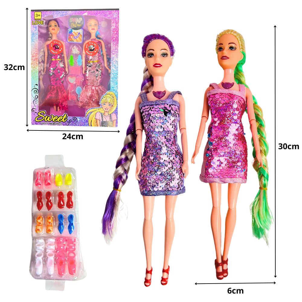 C - BONECA DUPLA COM JOGO DE SAPATOS, ARTICULADA COM SOM