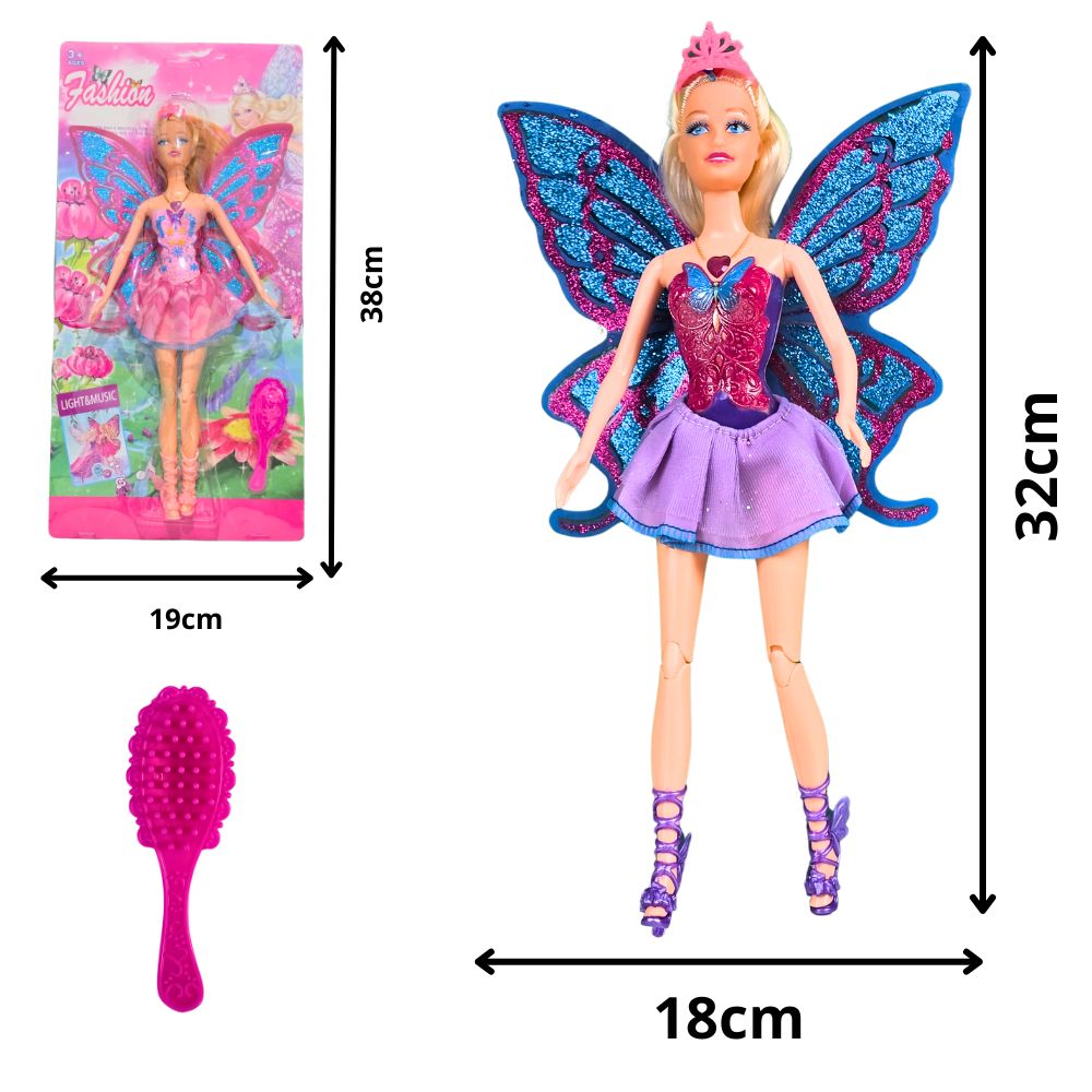 C - BONECA BAILARINA COM ASAS BRILHANTES, SOM, ILUMINAÇÃO E ACESSÓRIO