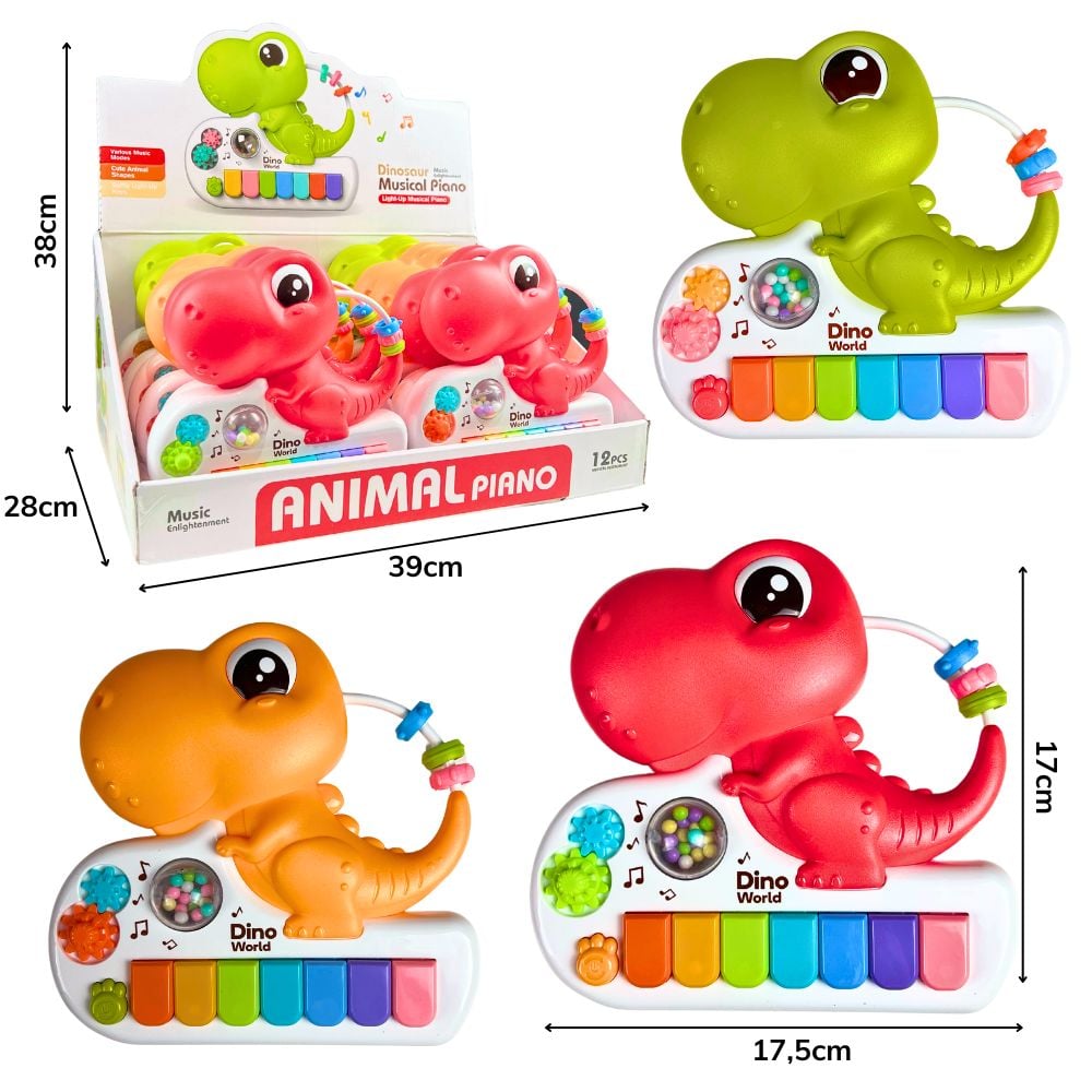 D - PIANO DINOSSAURO A PILHA COM SOM E ILUMINAÇÃO E CORES VARIADAS