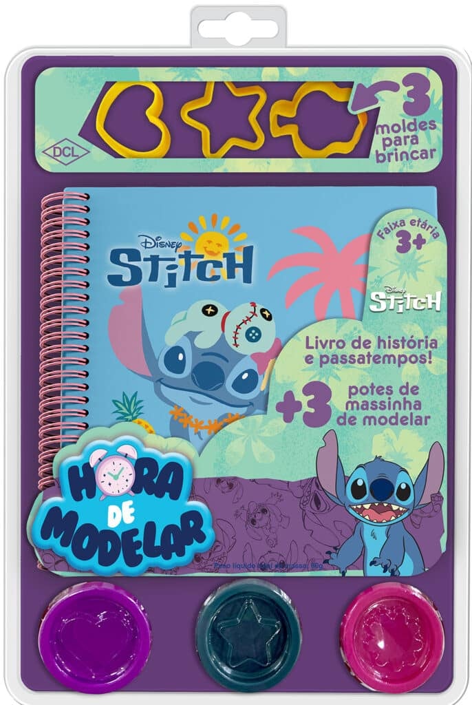 *S - HORA DE MODELAR STITCH LIVRO DE HISTÓRIA E PASSATEMPO, 3 POTES DE MASSINHA E 3 MOLDES